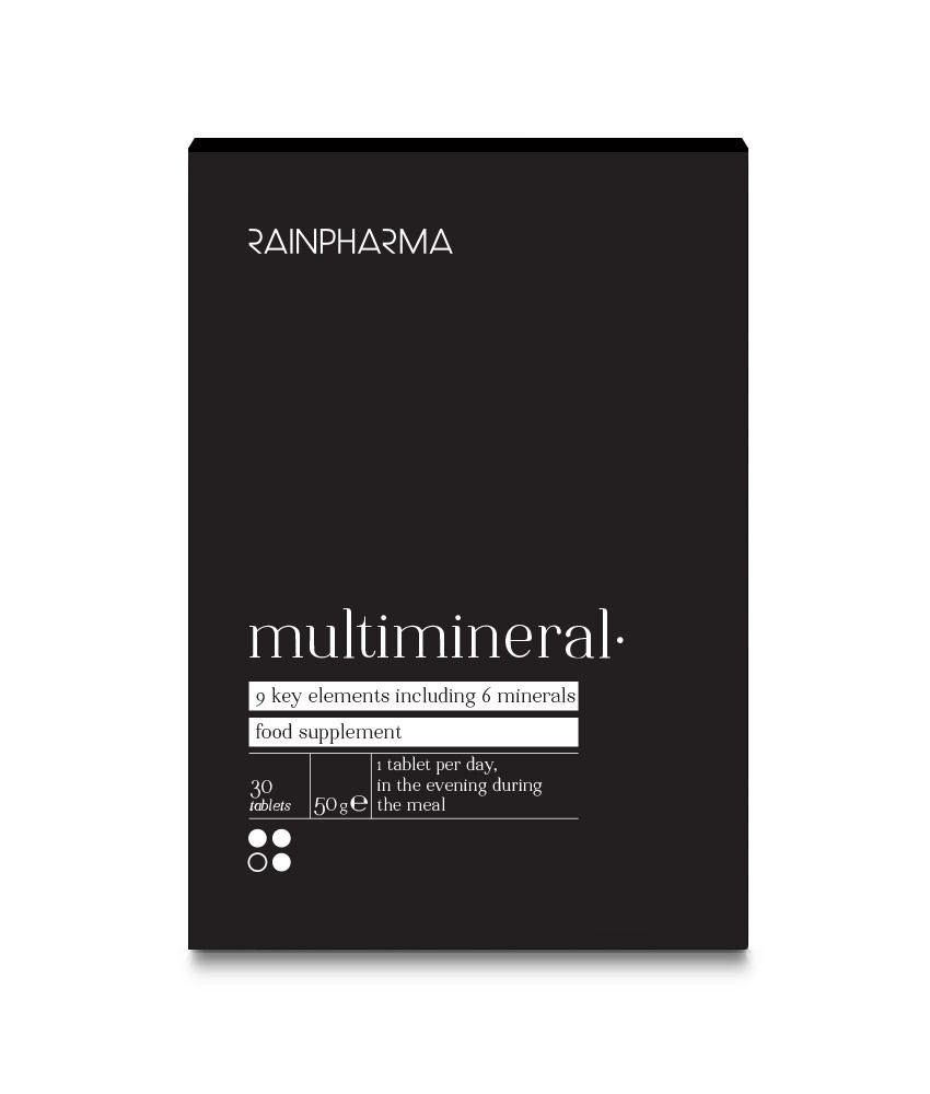 Zwarte doos RainPharma met "multimineral.". Bevat 30 tabletten. Voedingssupplement. 9 belangrijke elementen.