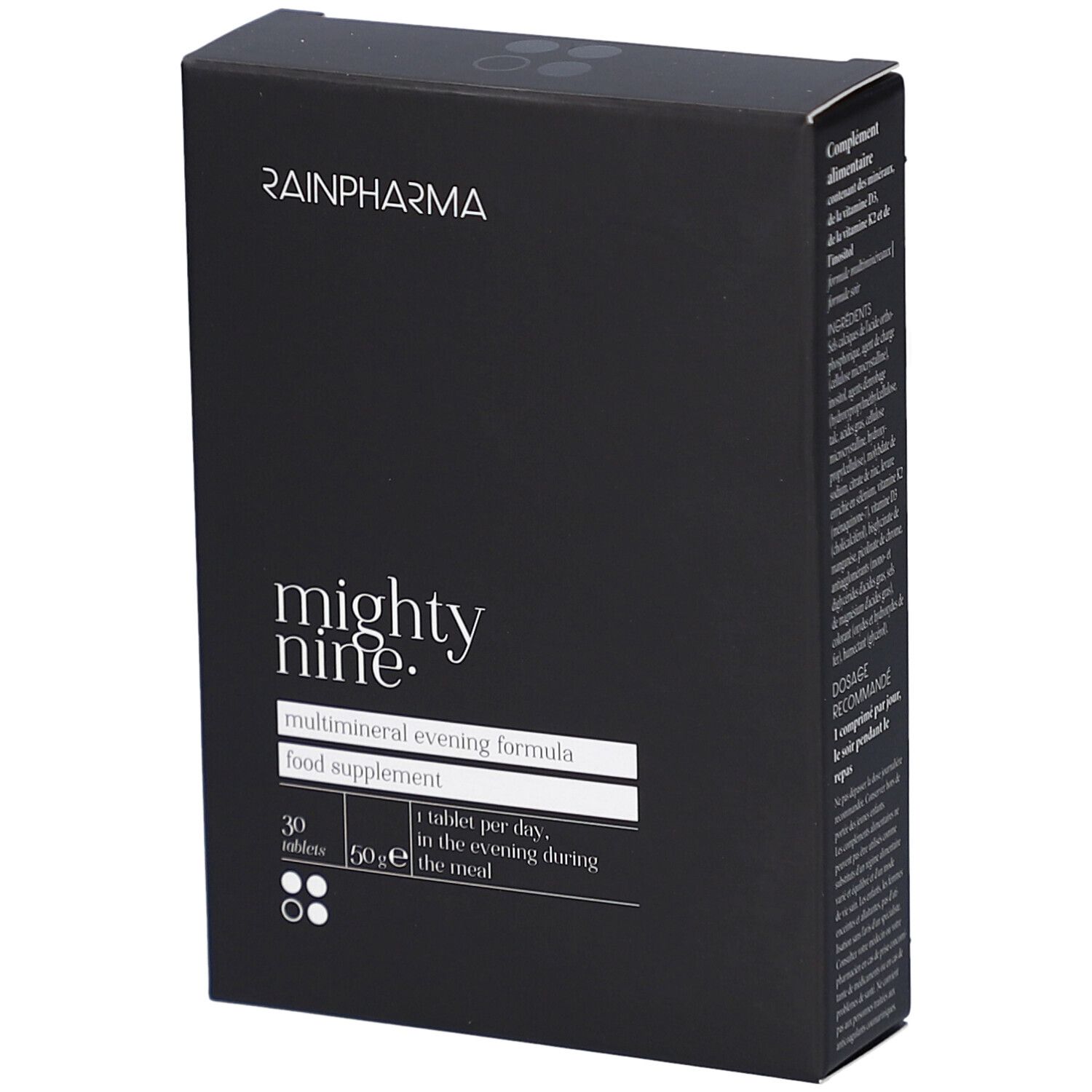 Boîte noire RainPharma avec "mighty nine.". Contient 30 comprimés. Formule multiminérale du soir. Complément alimentaire.