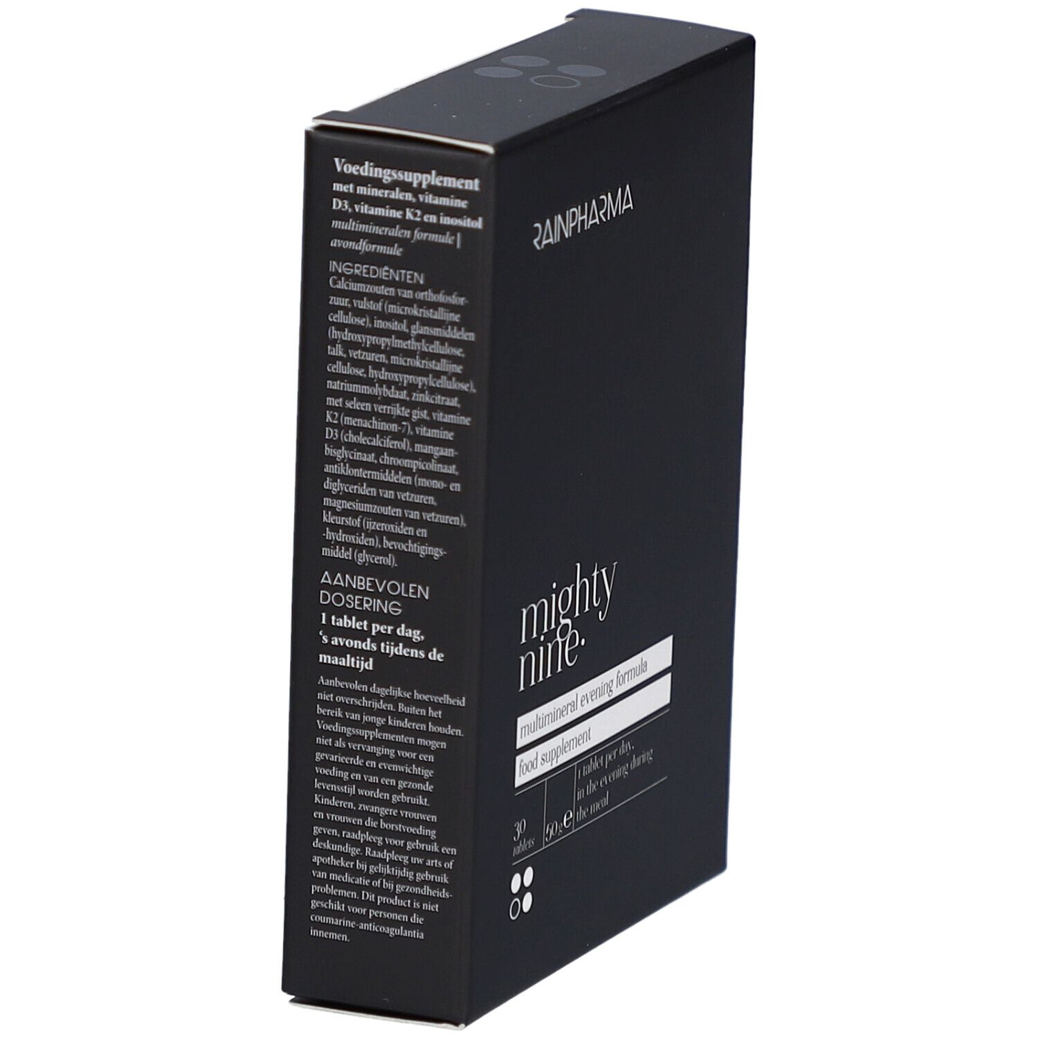 Boîte noire avec texte. Ingrédients, dosage et informations. Logo RainPharma en haut.