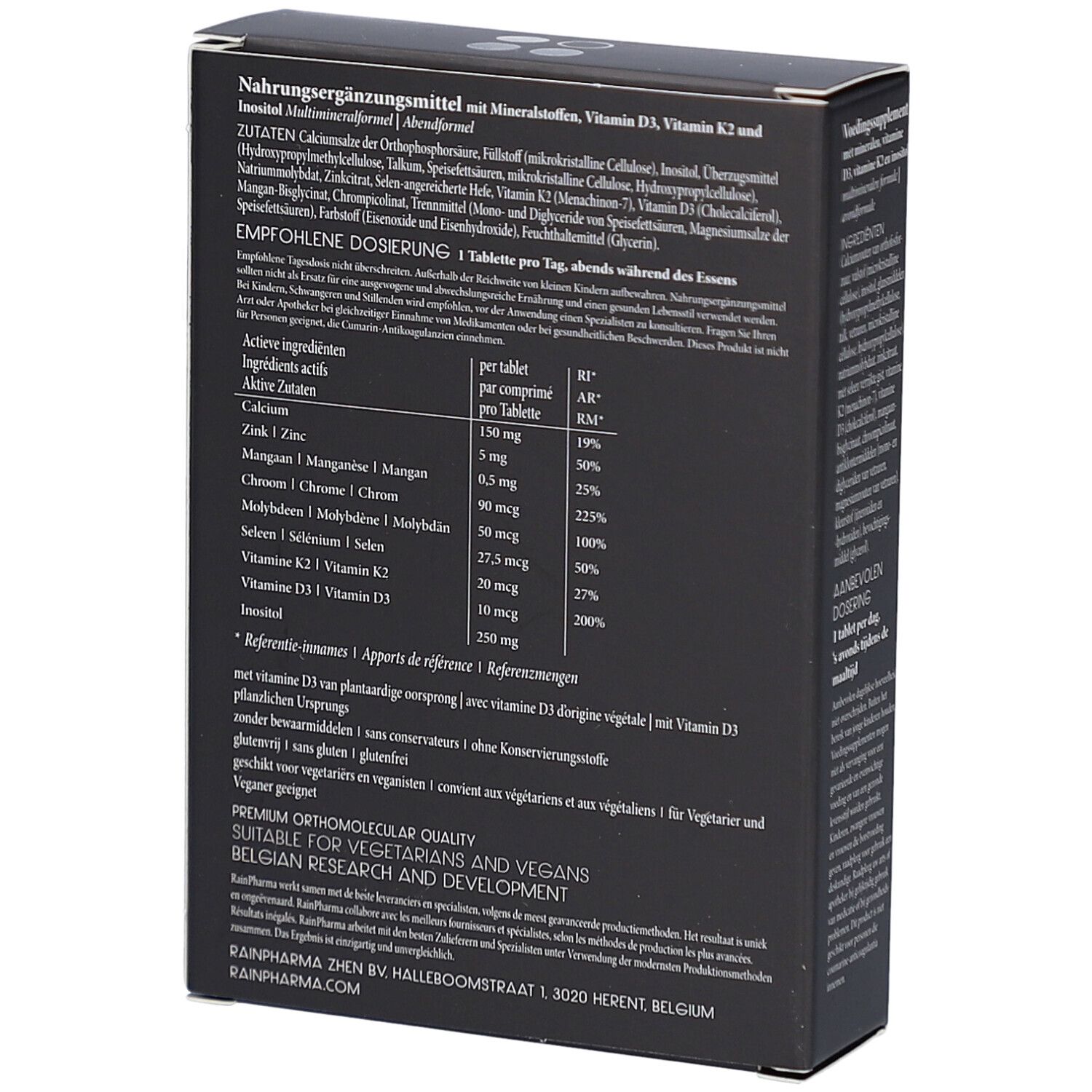 Dos de la boîte noire. Contient informations nutritionnelles, ingrédients et dosage. Logo RainPharma.