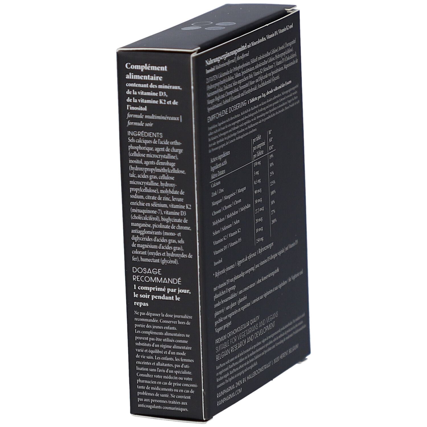Boîte noire avec texte. Ingrédients, dosage et informations. Logo RainPharma en haut.