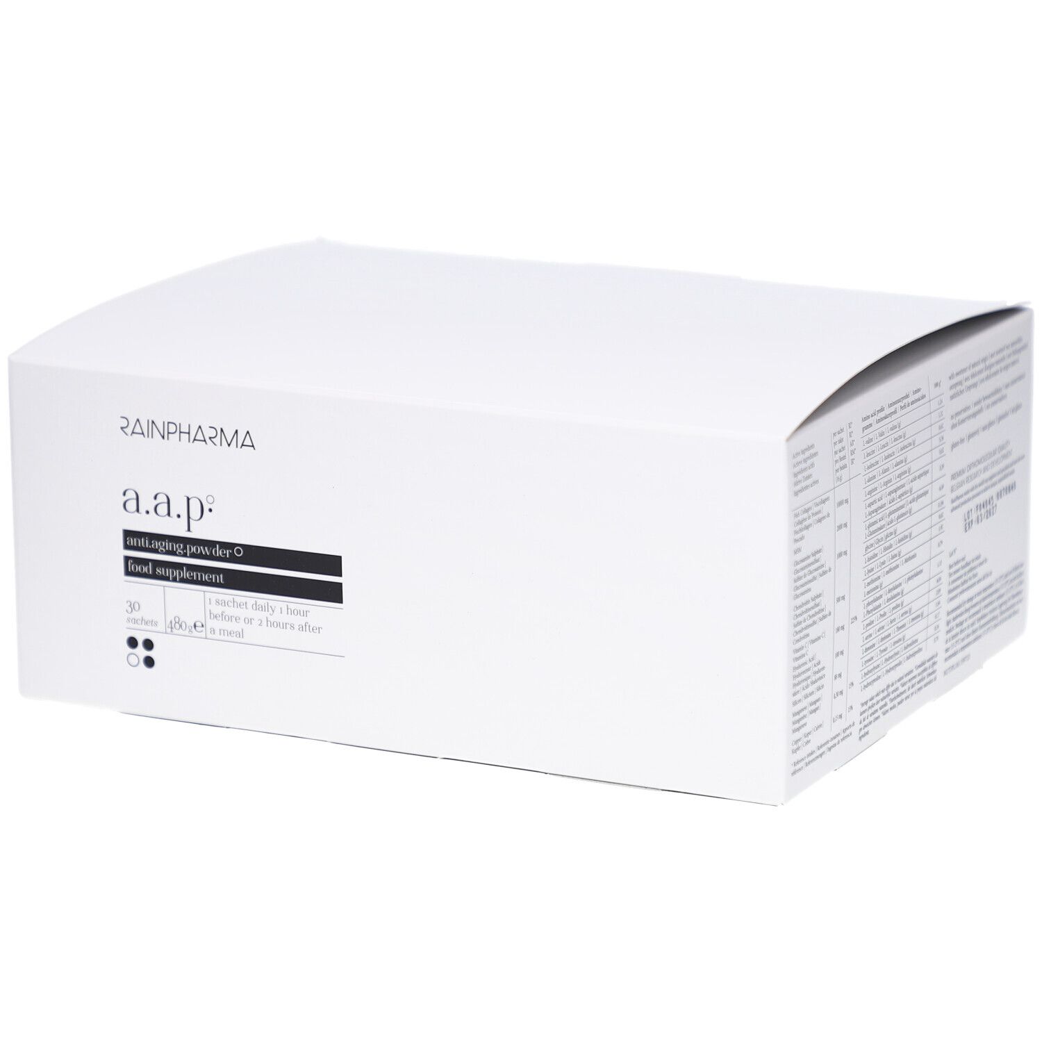 Witte productverpakking met zwarte tekst. Boven RAINPHARMA, daaronder a.a.p. anti-aging powder-O. 30 sachets.