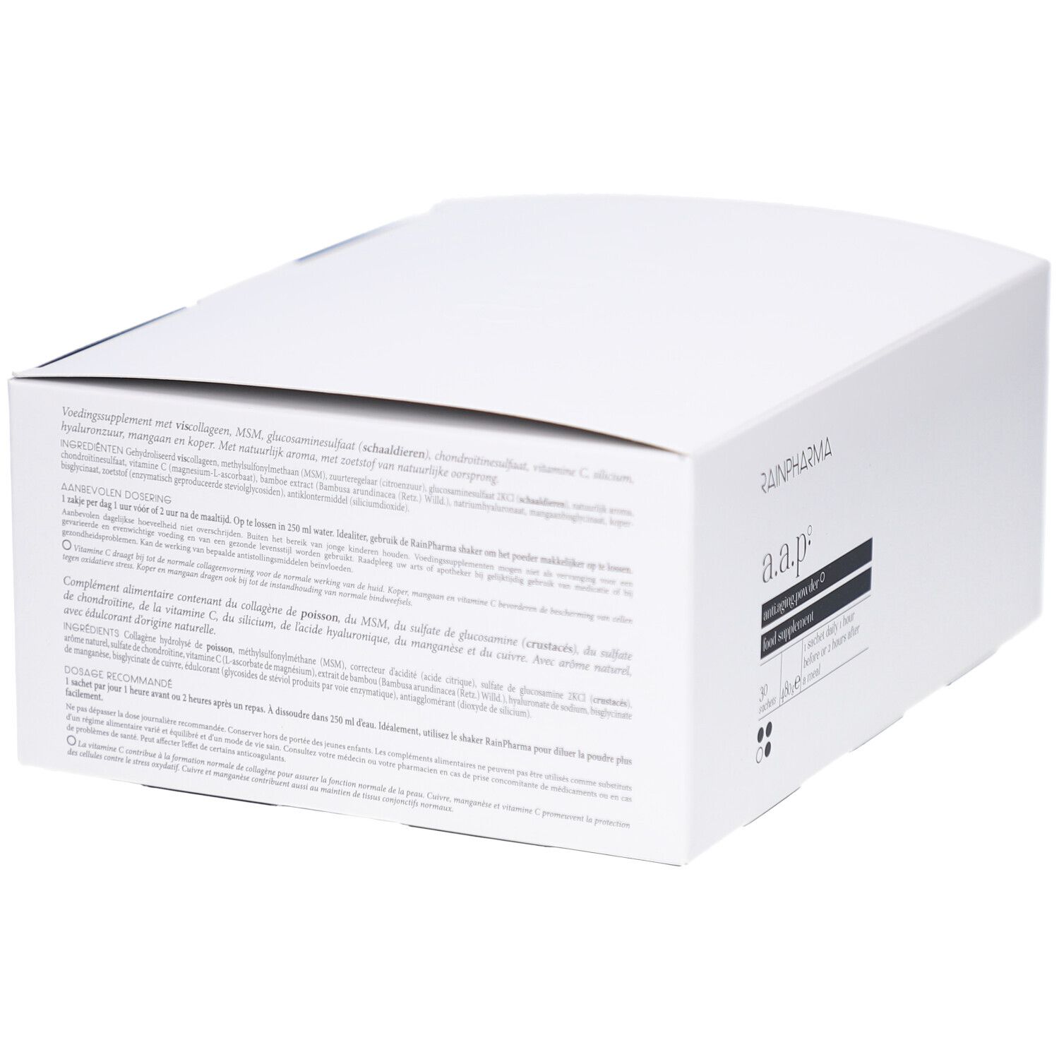 Witte productverpakking met meertalige tekst. Bevat informatie over ingrediënten en gebruik.