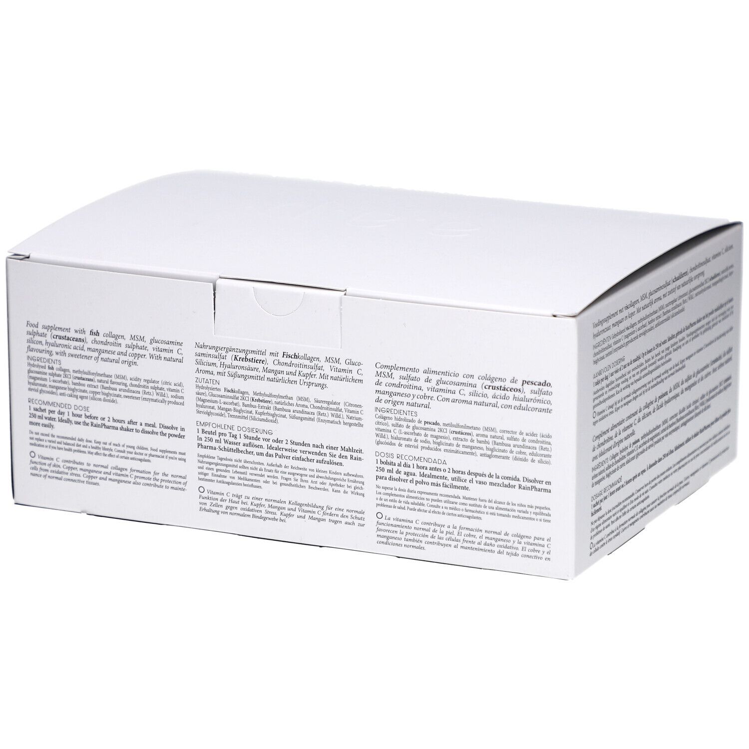 Witte productverpakking met meertalige tekst. Bevat informatie over ingrediënten en gebruik.