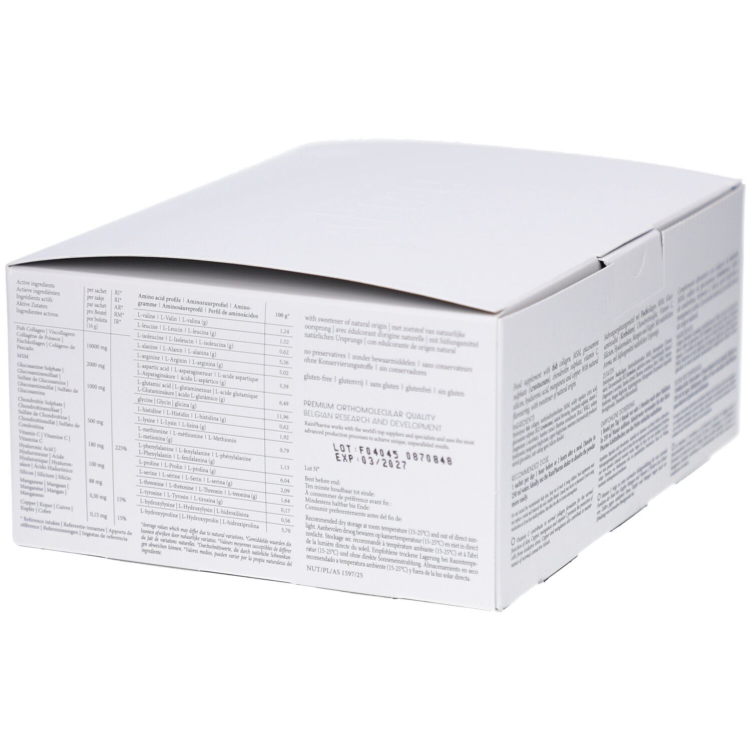 Witte productverpakking met meertalige tekst. Bevat informatie over ingrediënten en gebruik.