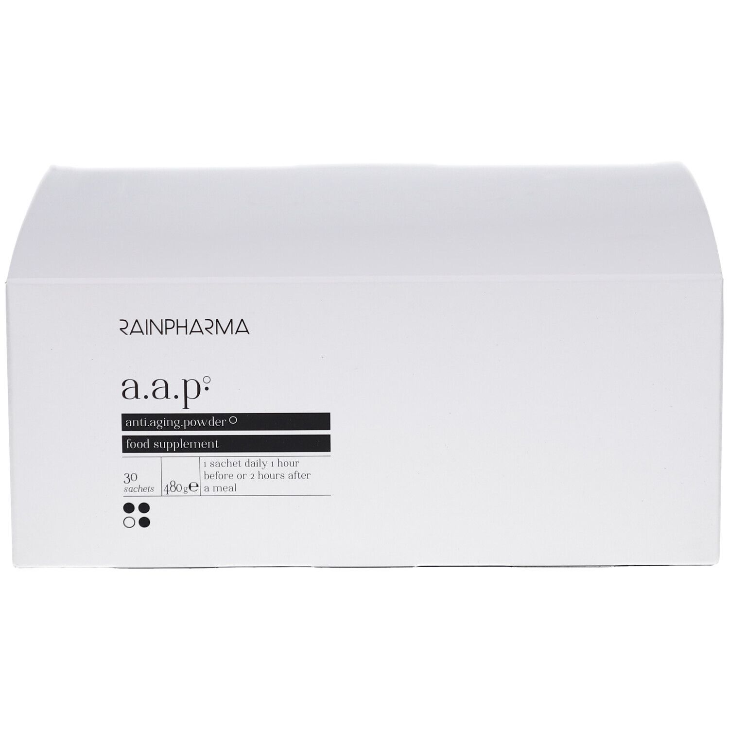 Witte productverpakking met zwarte tekst. Boven RAINPHARMA, daaronder a.a.p. anti-aging powder-O. 30 sachets.