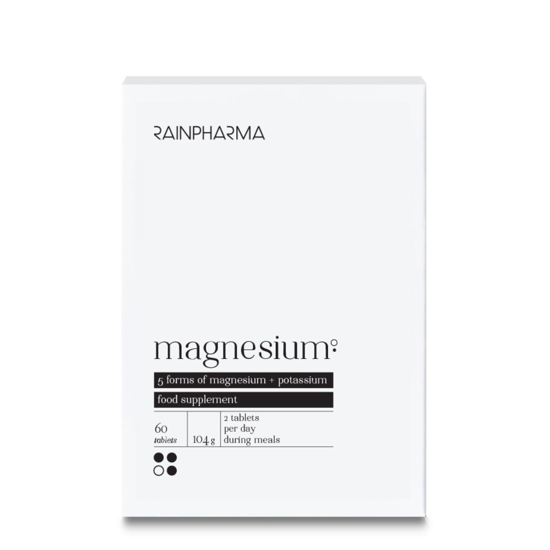 Witte RainPharma-verpakking met magnesiumproduct. Bevat 60 tabletten. Opschrift: 5 vormen van magnesium + kalium.