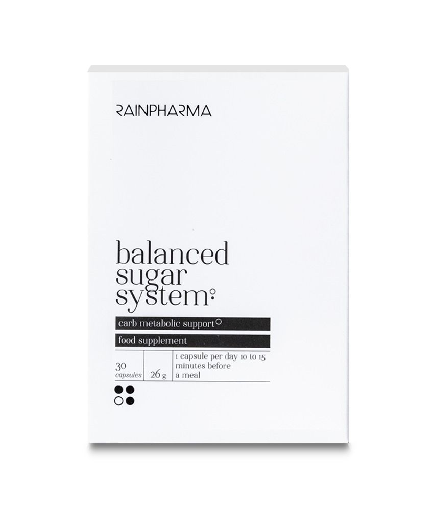 Witte rechthoekige doos met RainPharma-logo en opschrift "balanced sugar system". Bevat 30 capsules.