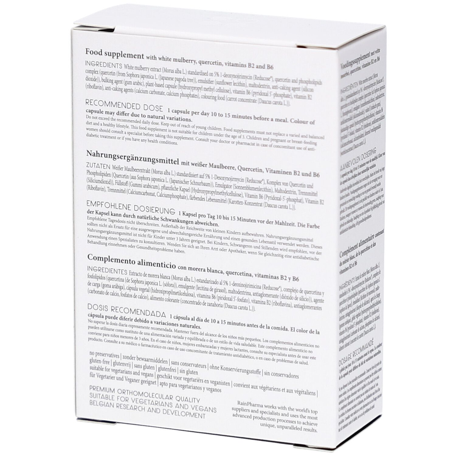 Dos d'une boîte blanche avec texte multilingue. Contient des informations sur les ingrédients et le dosage.