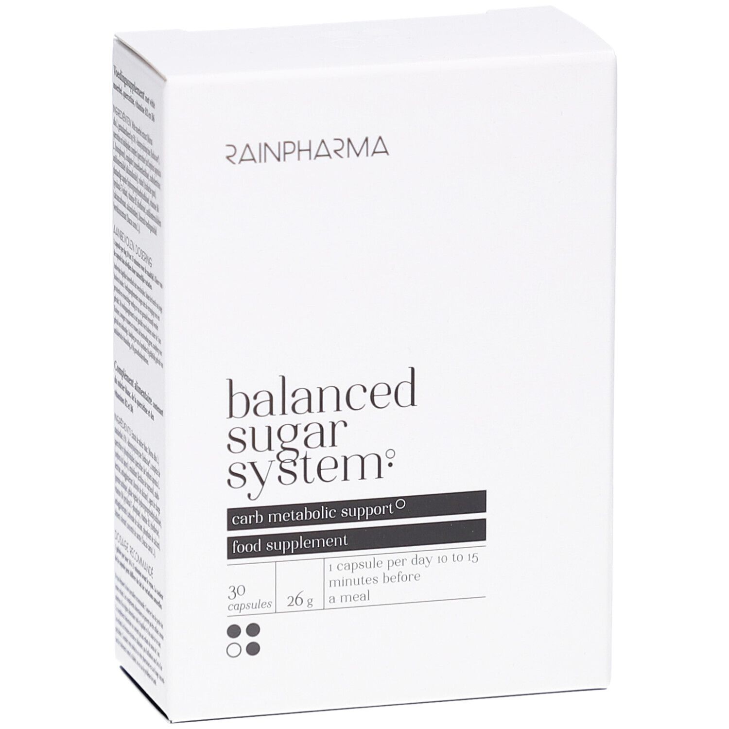 Boîte rectangulaire blanche avec logo RainPharma et inscription "balanced sugar system". Contient 30 gélules.