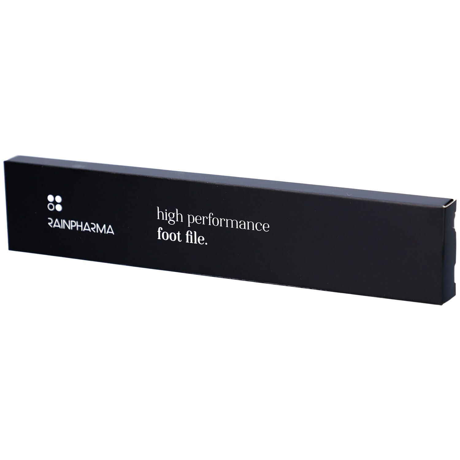 Zwarte verpakking met witte tekst. Logo Rainpharma en tekst: high performance foot file.