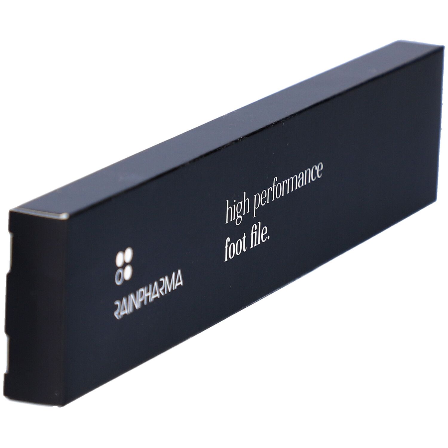 Zwarte verpakking, schuin. Logo Rainpharma en tekst: high performance foot file.