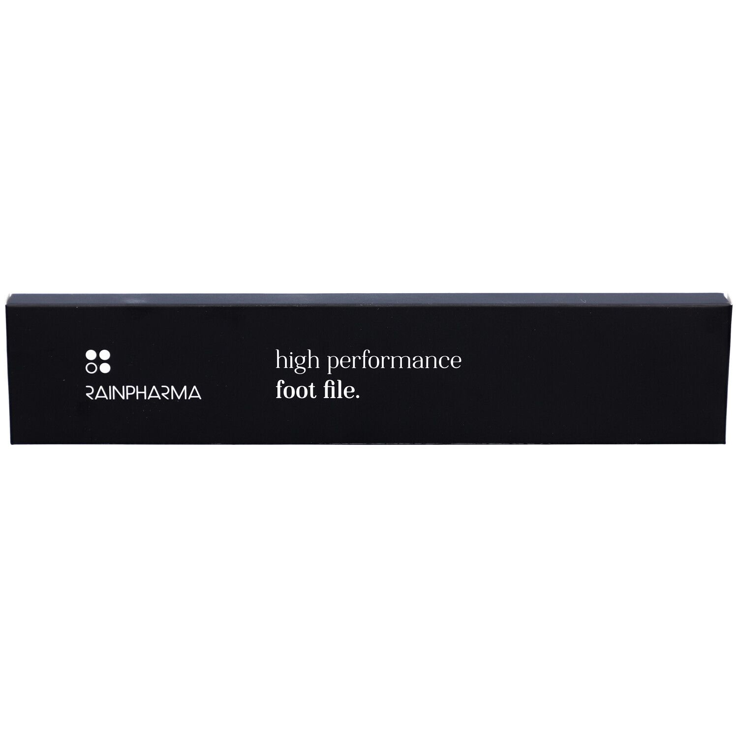 Zwarte verpakking met witte tekst. Logo Rainpharma en tekst: high performance foot file.