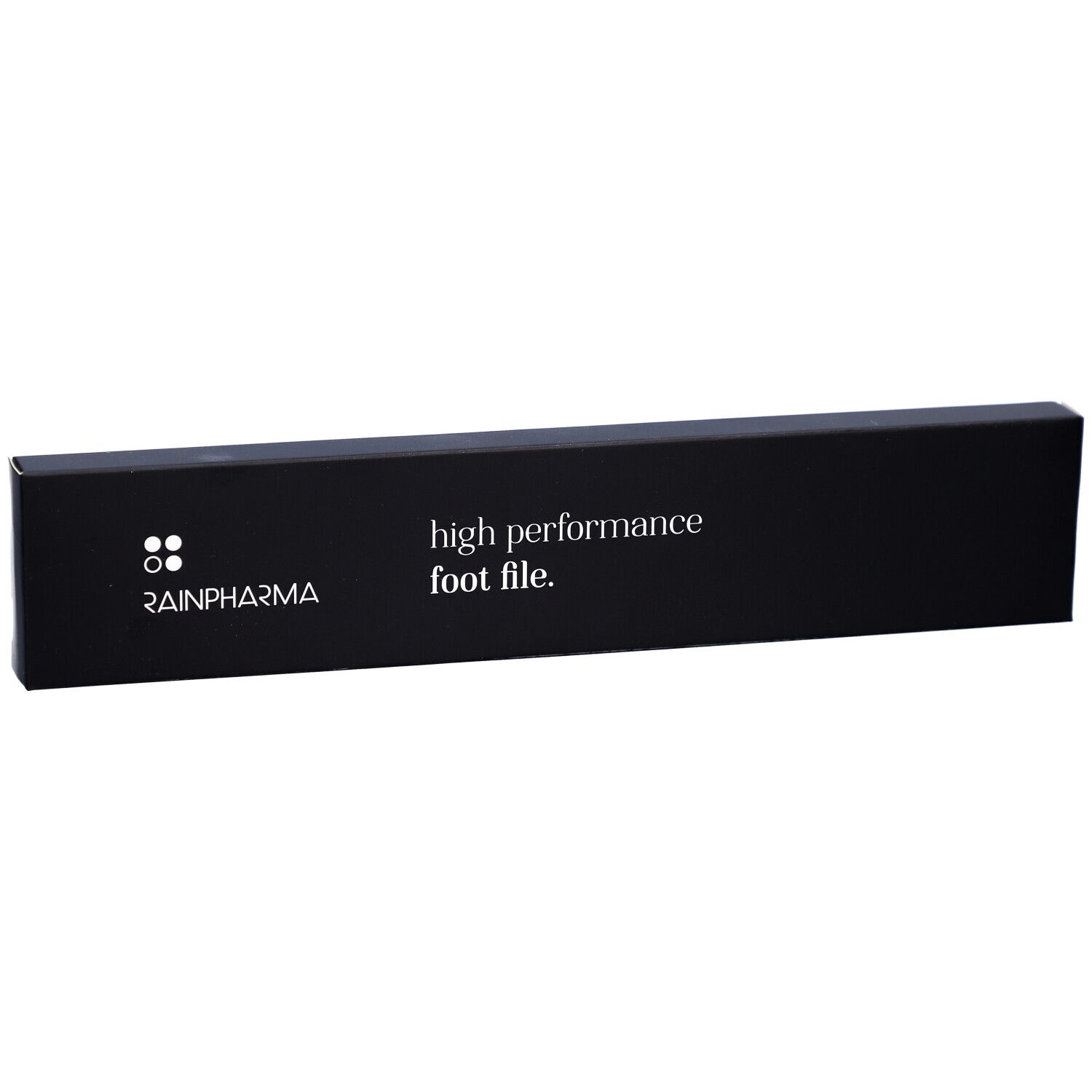 Zwarte verpakking met witte tekst. Logo Rainpharma en tekst: high performance foot file.