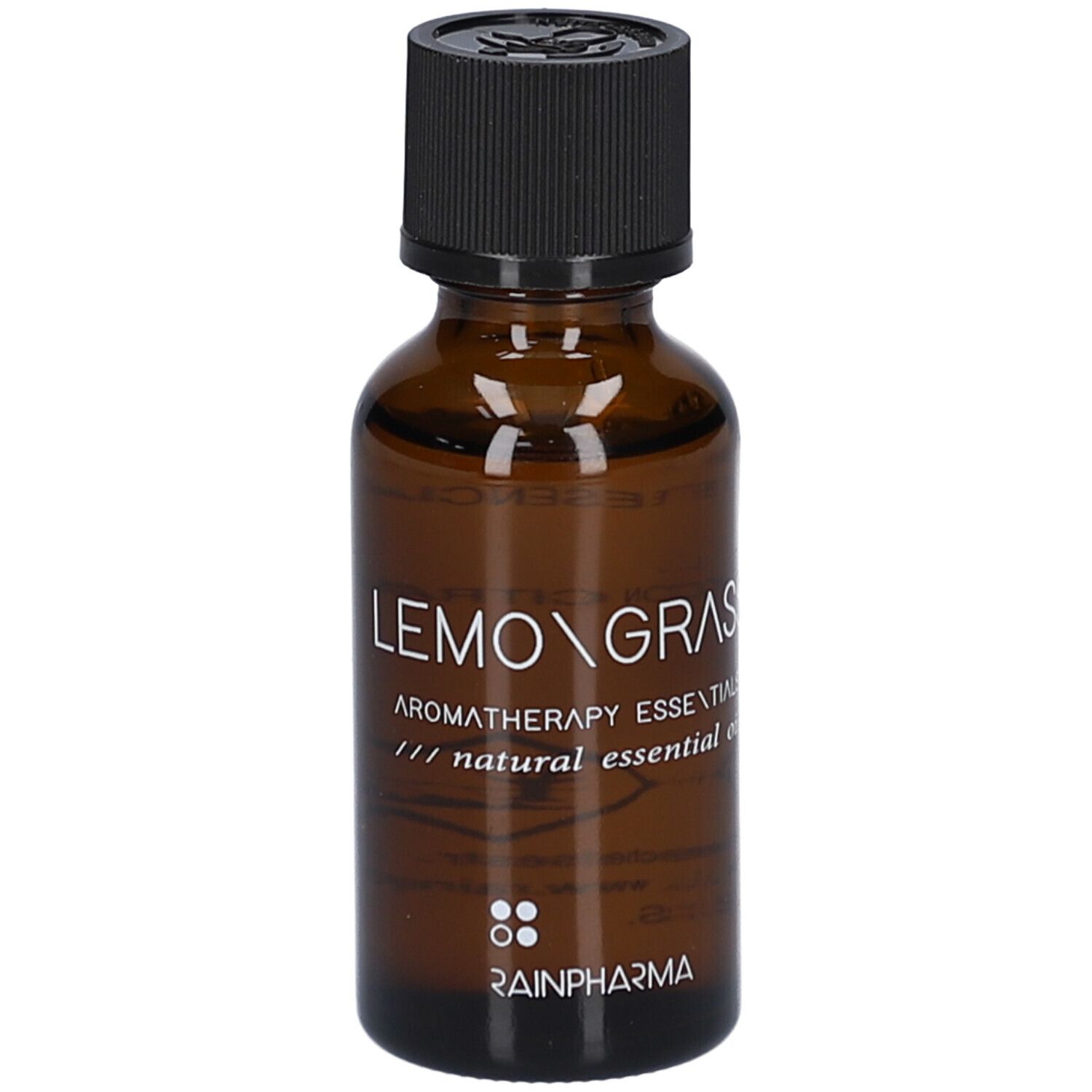 Bruine glazen fles met zwarte dop. Opschrift: LEMONGRASS, AROMATHERAPY ESSENTIALS, natural essential oil. RainPharma logo.