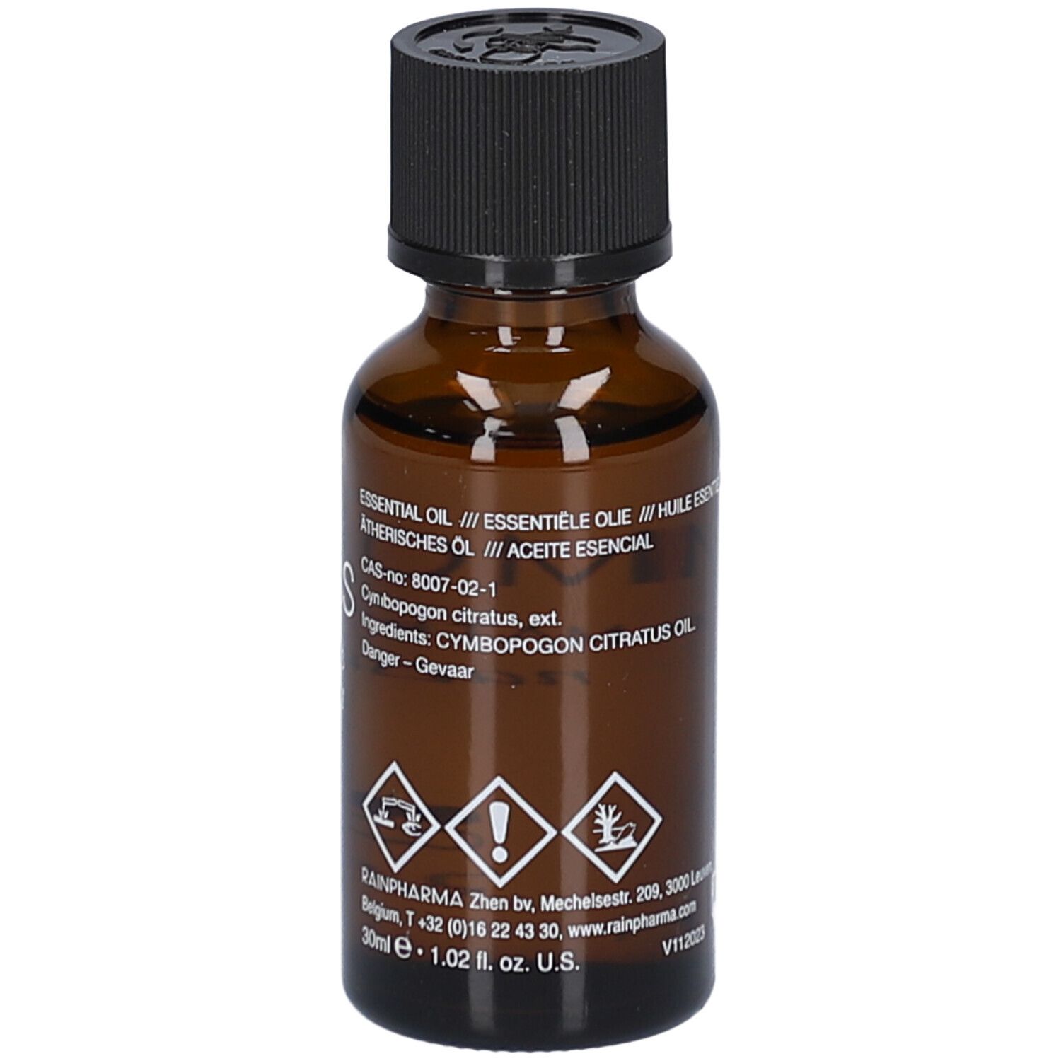 Achterkant bruine glazen fles. Opschrift: ESSENTIAL OIL, ingrediënten, waarschuwingen, RainPharma logo, 30ml, 1.02 fl. oz. U.S.