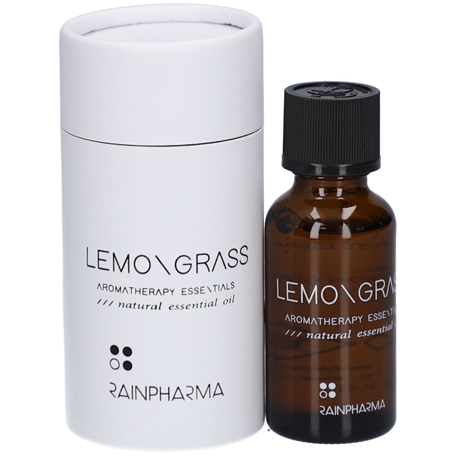 Bruine glazen fles met zwarte dop naast witte cilindrische verpakking. Opschrift: LEMONGRASS, RainPharma logo.