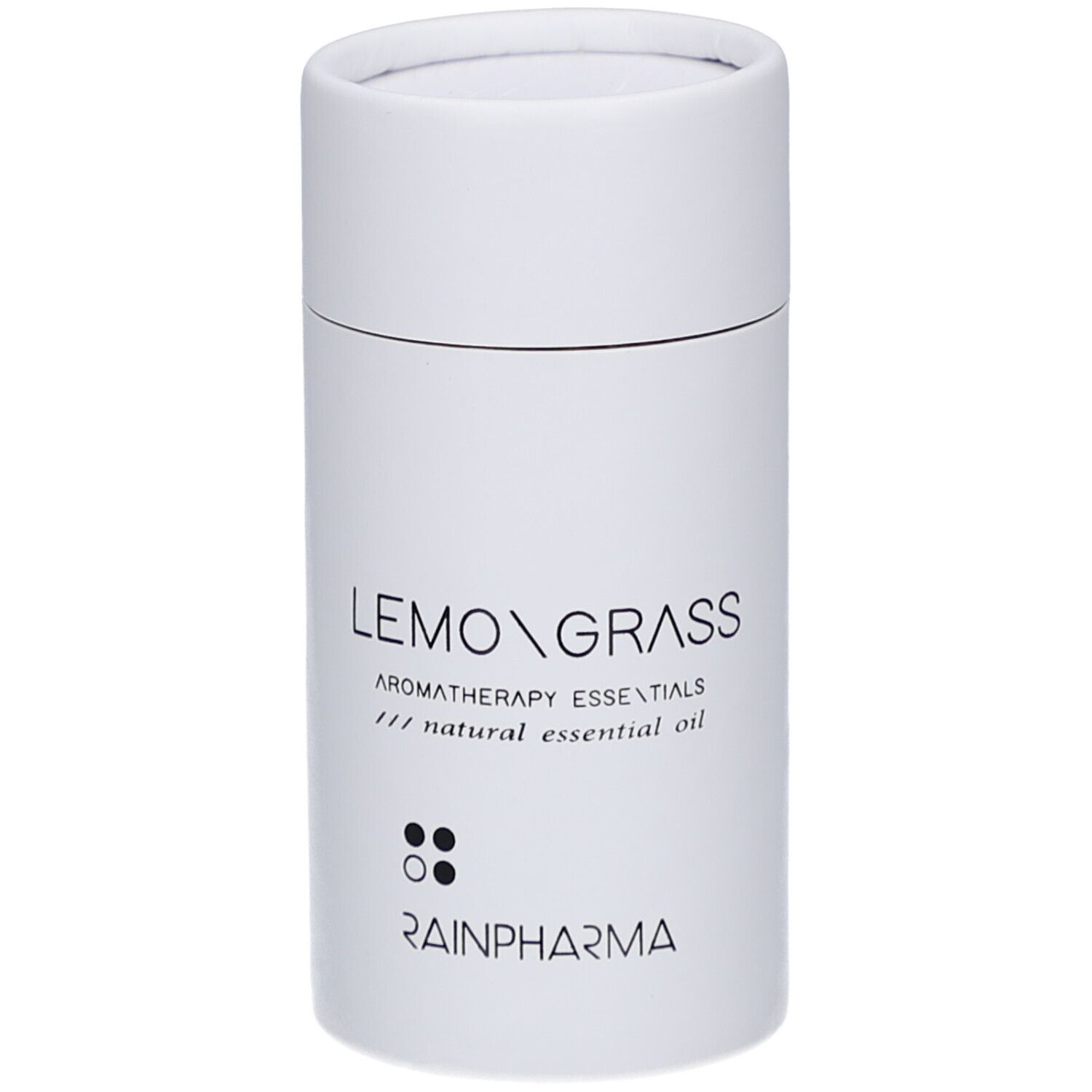 Witte cilindrische verpakking. Opschrift: LEMONGRASS, RainPharma logo.