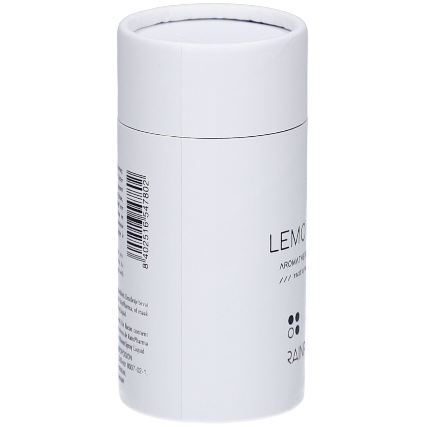 Witte cilindrische verpakking. Opschrift: LEMONGRASS, RainPharma logo. Barcode.