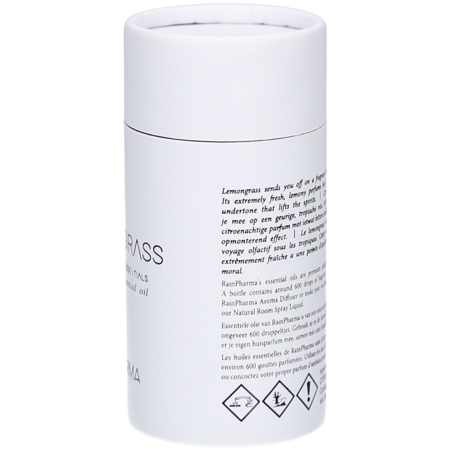 Witte cilindrische verpakking. Tekst: productbeschrijving, waarschuwingen, ingrediënten, RainPharma.