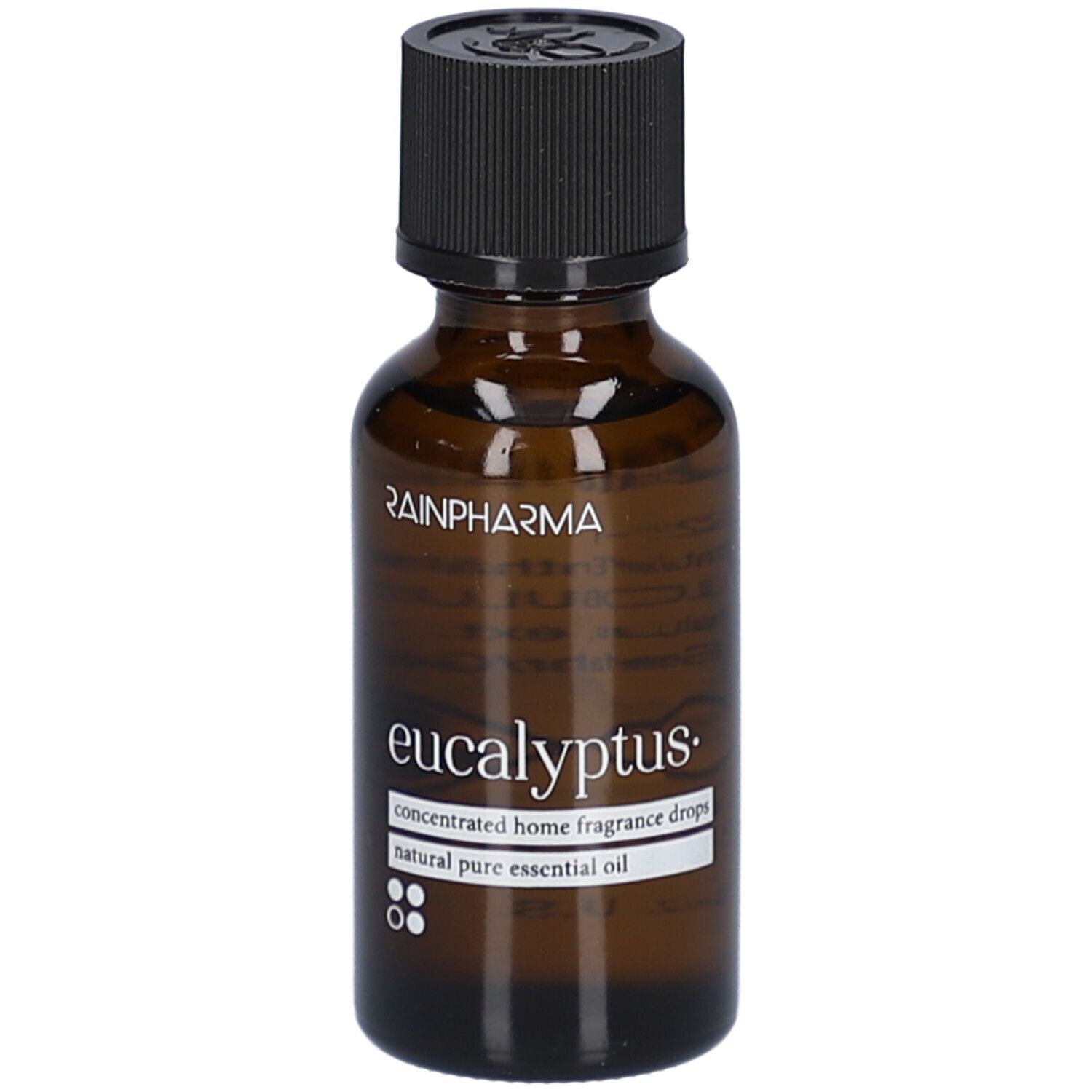 Bruine glazen fles met zwarte dop. Opschrift: RainPharma, eucalyptus, concentrated home fragrance drops, natural pure essential oil.