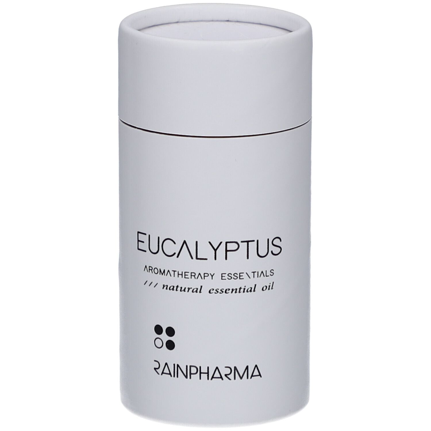 Witte cilindrische verpakking. Opschrift: Eucalyptus, Aromatherapy essentials, RainPharma.