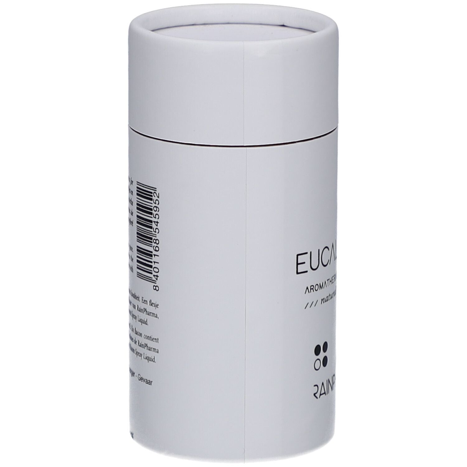 Witte cilindrische verpakking. Opschrift: Eucalyptus, Aromatherapy essentials, RainPharma. Achterkant met tekst en barcode.