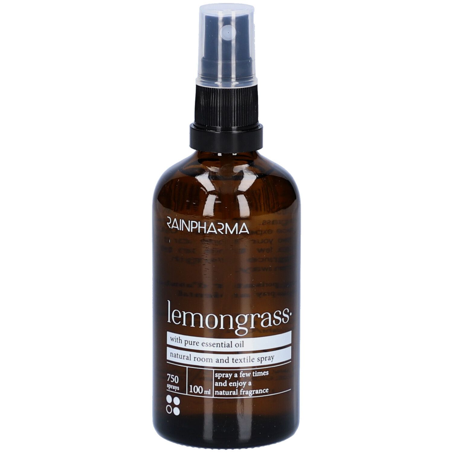 Bruine glazen fles met verstuiver. Opschrift: Rainpharma, Lemongrass, natuurlijke ruimte- en textielspray.