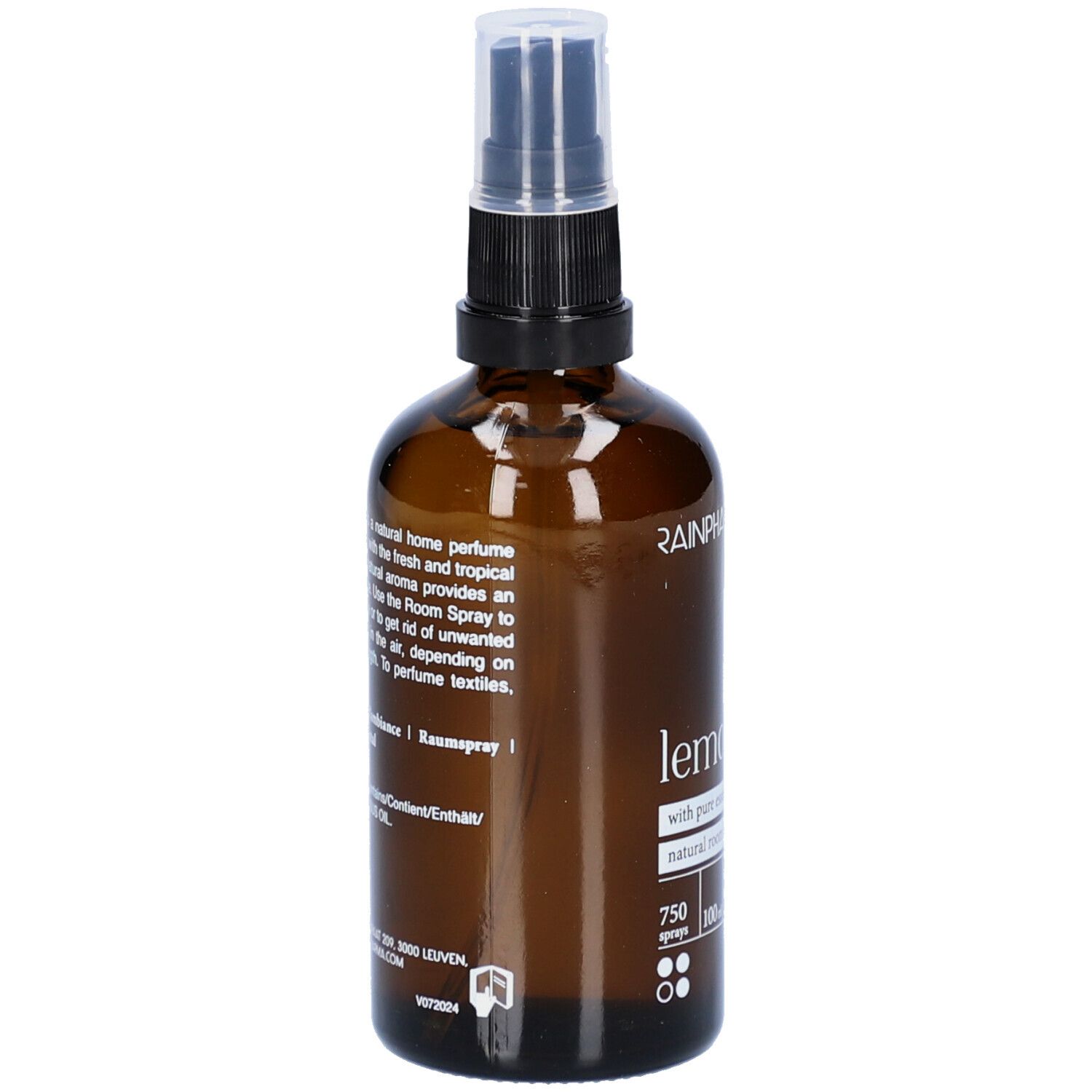 Bruine glazen fles met verstuiver. Achterkant met tekst en waarschuwingen. Rainpharma Lemongrass.