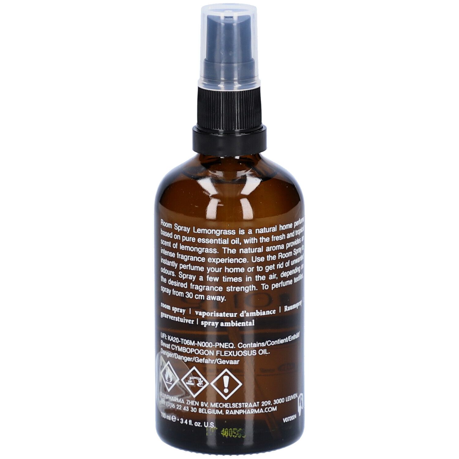 Bruine glazen fles met verstuiver. Achterkant met tekst en waarschuwingen. Rainpharma Lemongrass.