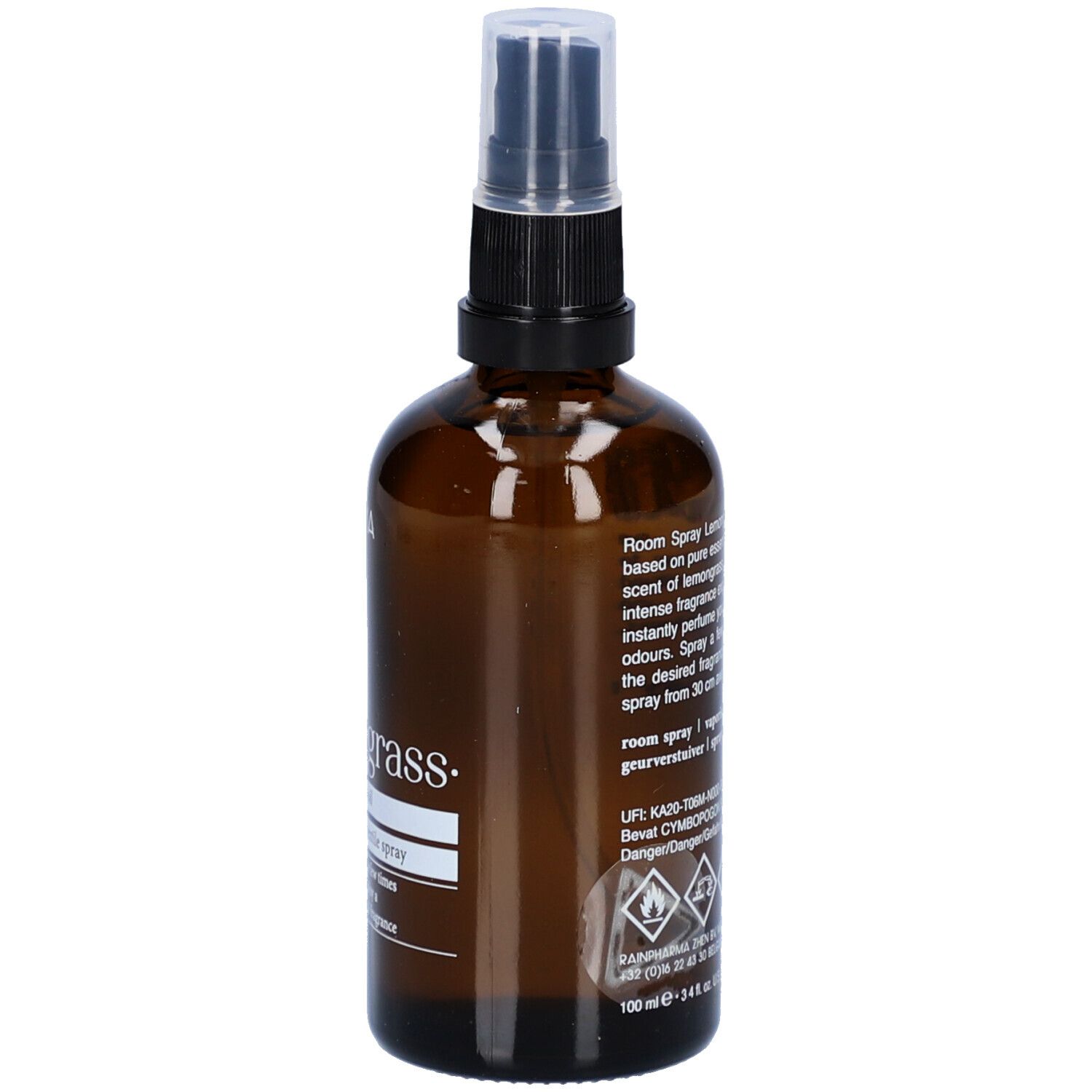 Bruine glazen fles met verstuiver. Achterkant met tekst en waarschuwingen. Rainpharma Lemongrass.