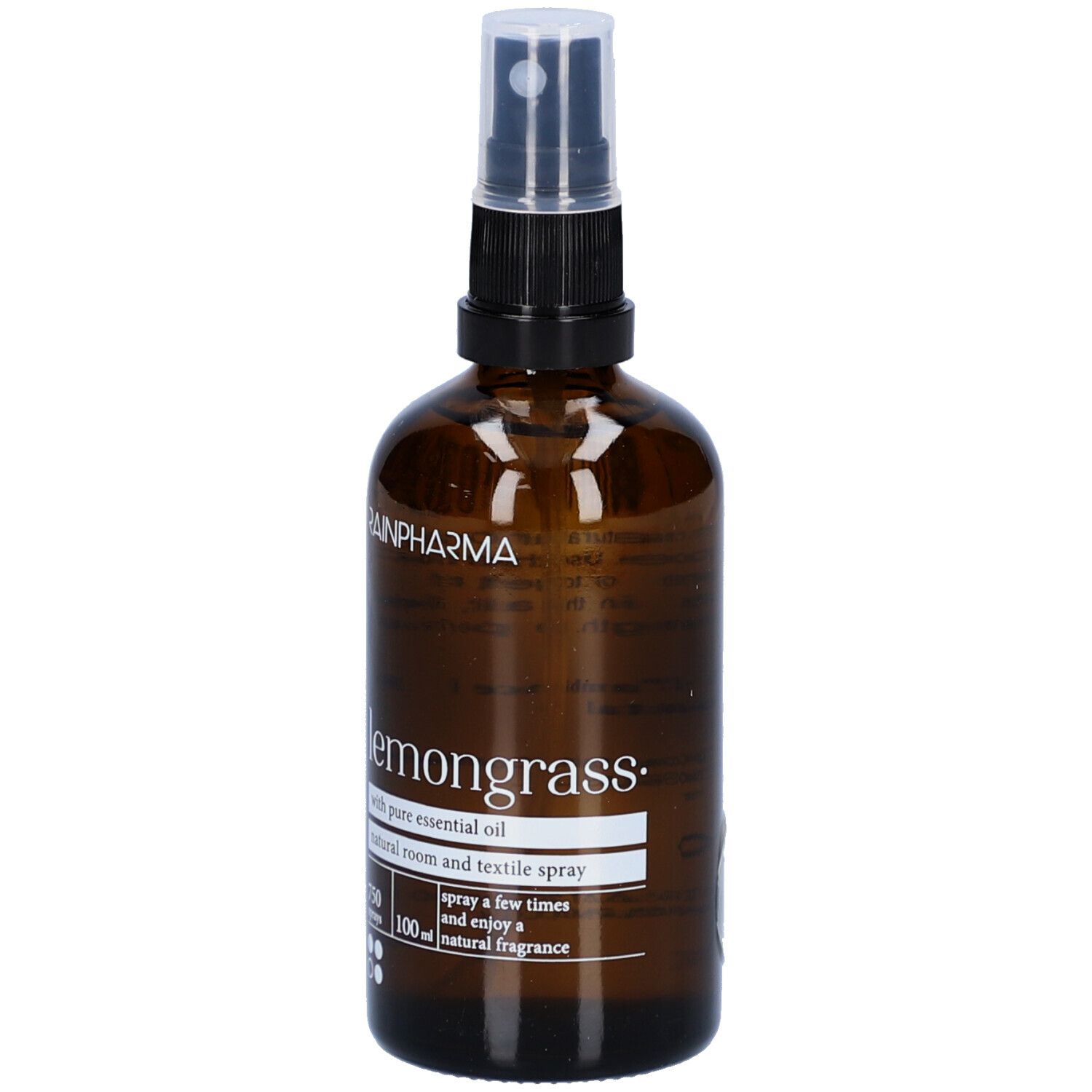 Bruine glazen fles met verstuiver. Opschrift: Rainpharma, Lemongrass, natuurlijke ruimte- en textielspray.