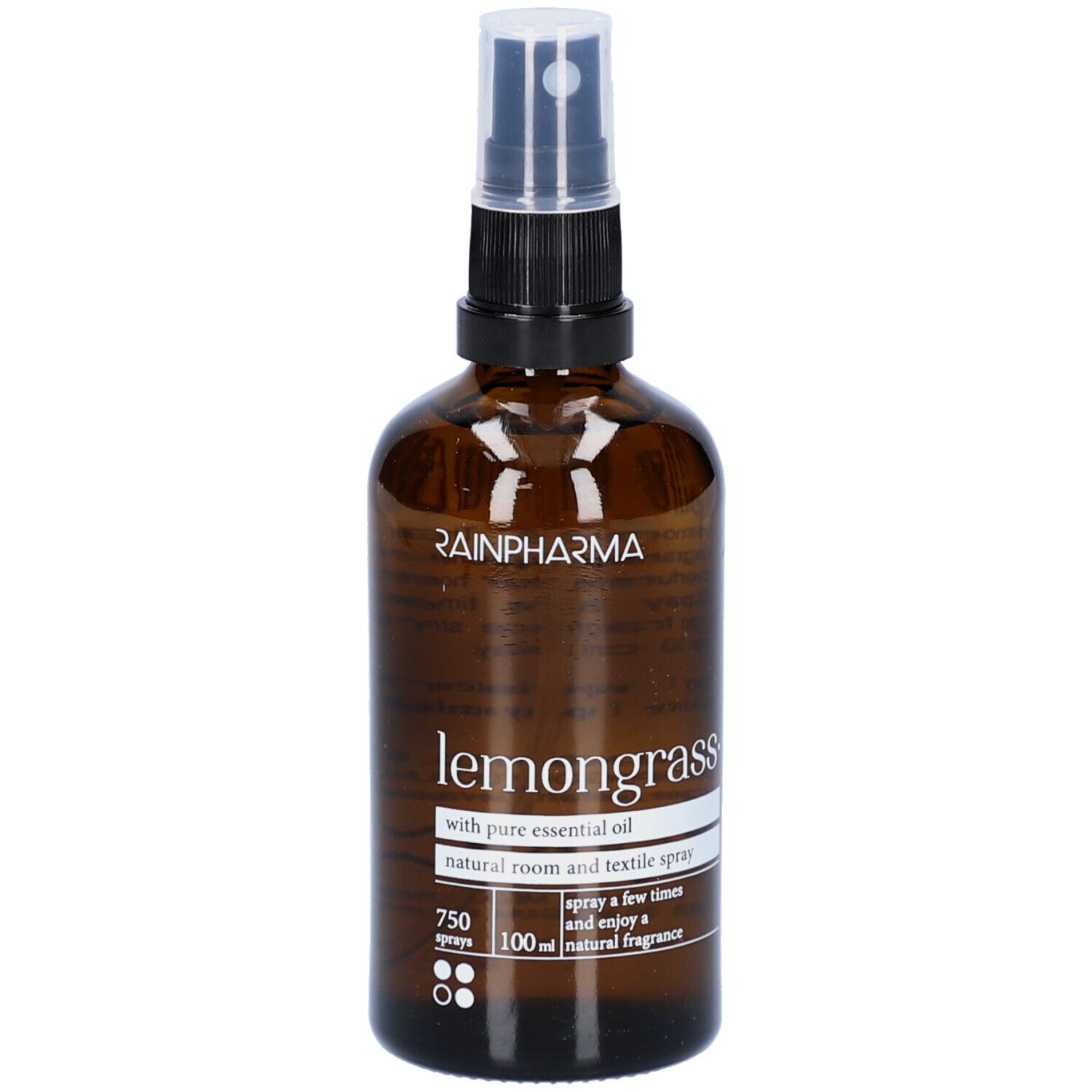 Bruine glazen fles met verstuiver. Opschrift: Rainpharma, Lemongrass, natuurlijke ruimte- en textielspray.