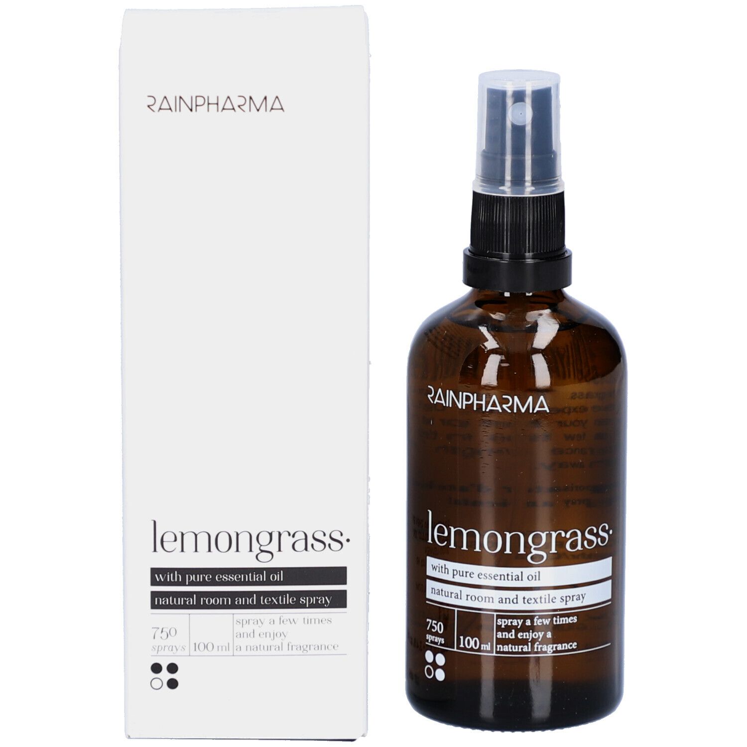 Product en verpakking. Bruine glazen fles met verstuiver en witte doos. Rainpharma Lemongrass.