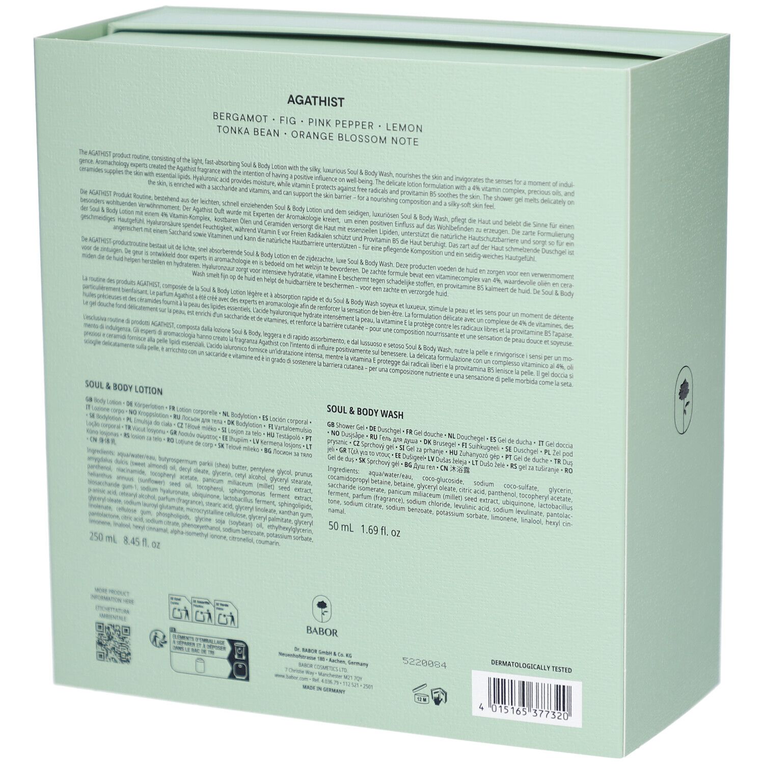 Lichtgroene verpakking. Tekst: SOUL & BODY LOTION, SOUL & BODY WASH. Ingrediënten en informatie in meerdere talen.