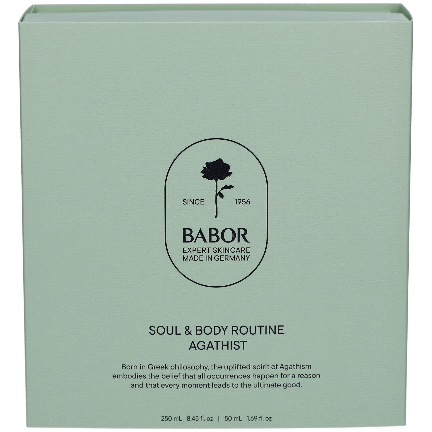 Lichtgroene verpakking. Logo met roos en tekst BABOR. Tekst: SOUL & BODY ROUTINE AGATHIST. Made in Germany.