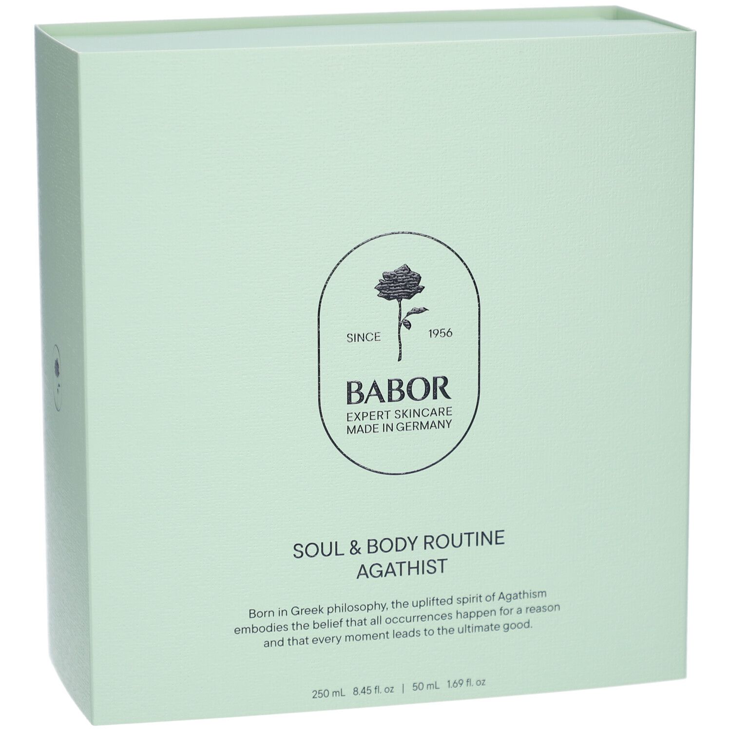 Lichtgroene verpakking. Logo met roos en tekst BABOR. Tekst: SOUL & BODY ROUTINE AGATHIST. Made in Germany.
