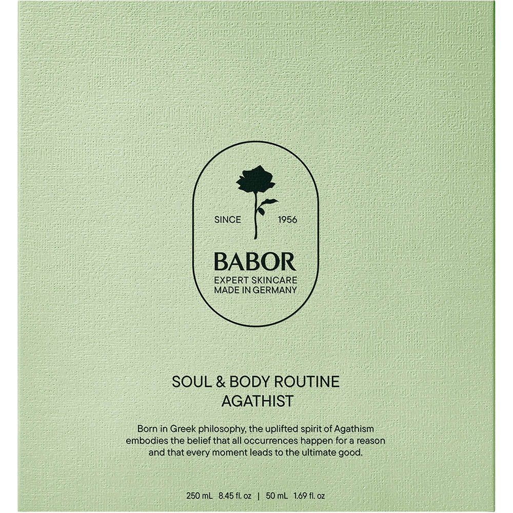 Lichtgroene verpakking, lotion en douchegel. Logo met roos en tekst BABOR. Tekst: Soul & Body Routine Agathist.