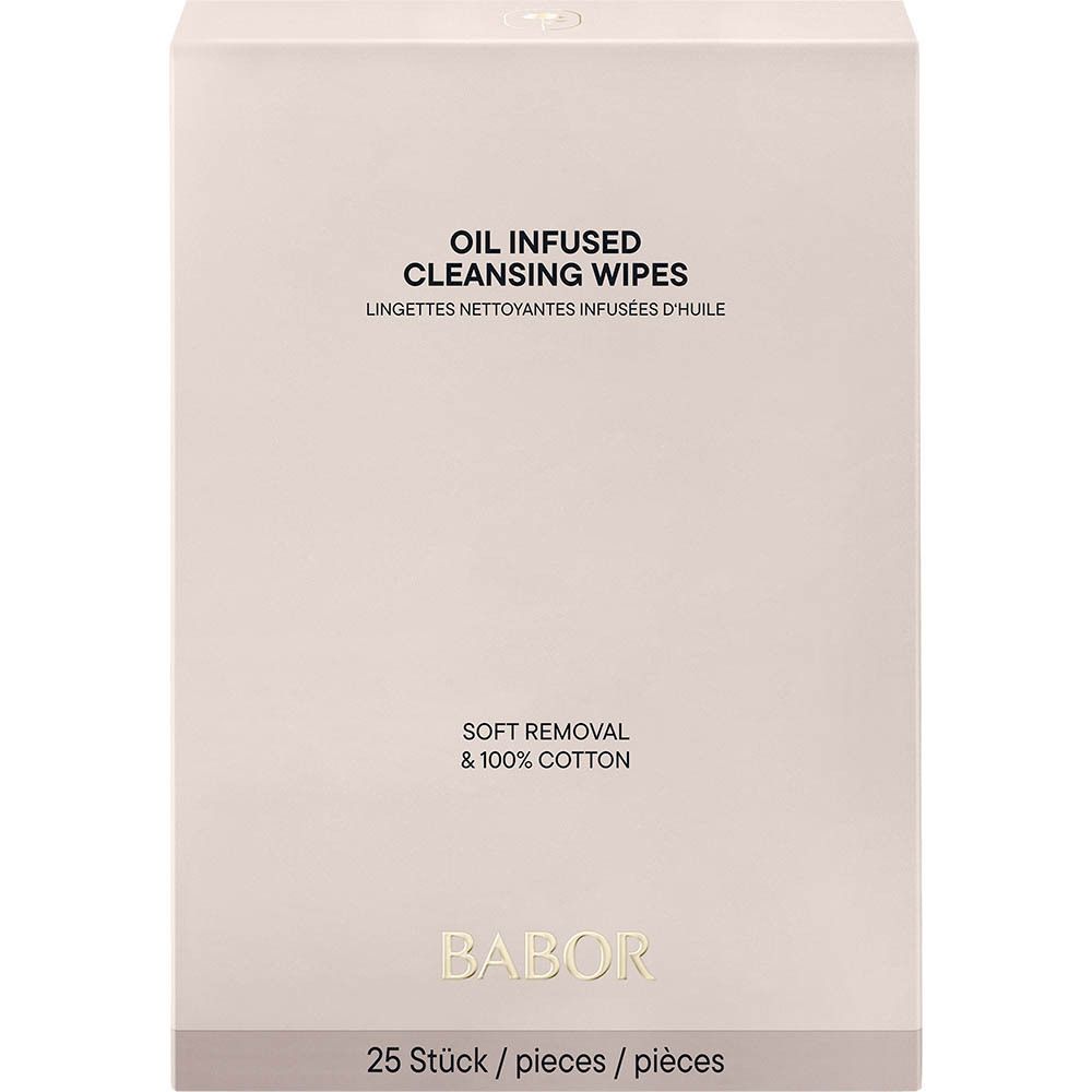 Roze doos met tekst. Op de doos staat 'OIL INFUSED CLEANSING WIPES' en 'BABOR'.