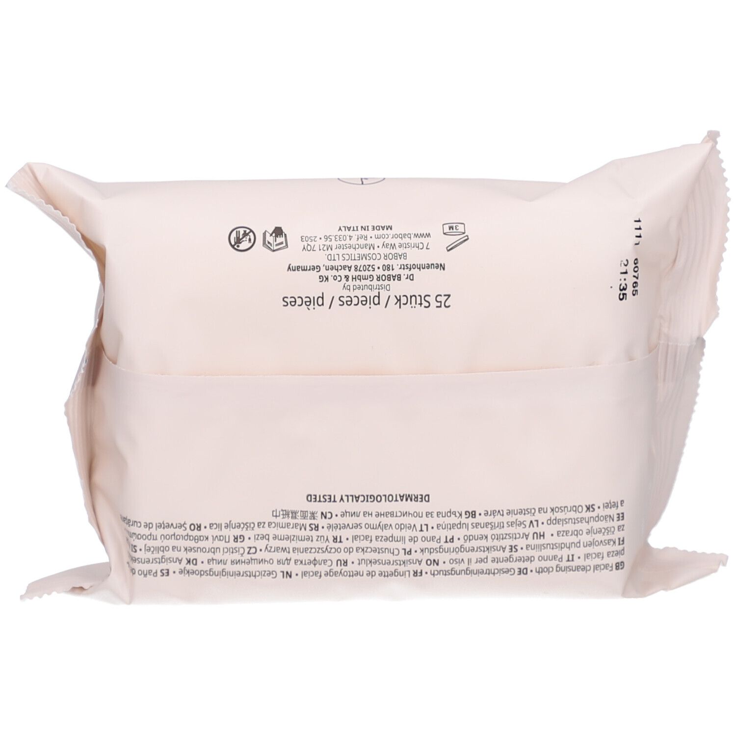 Dos de l'emballage rose. Texte multilingue et logos.