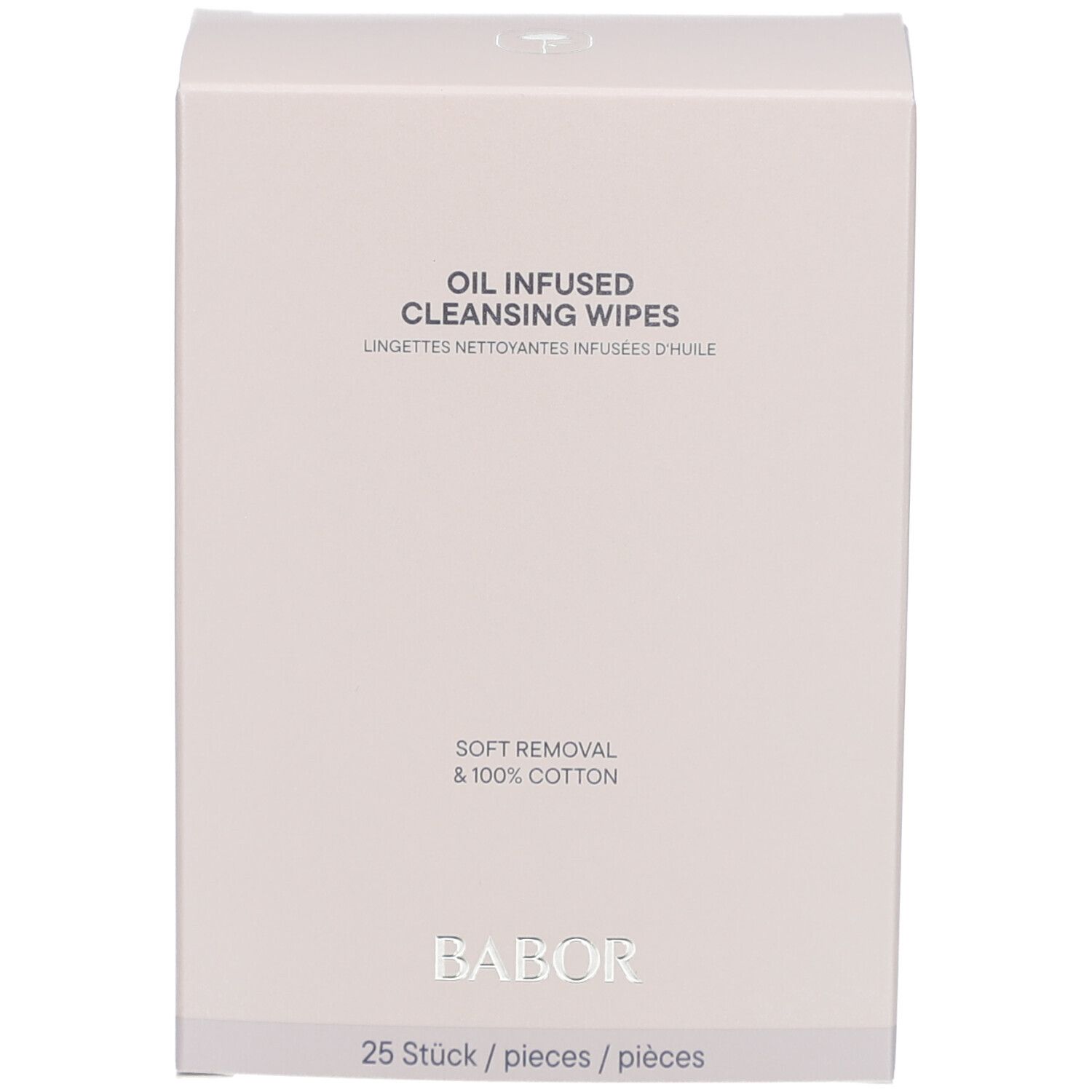 Boîte rose avec texte: «OIL INFUSED CLEANSING WIPES» et «BABOR».