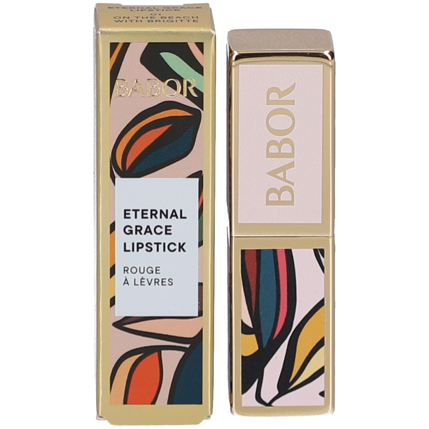Verpakking van een lipstick. Opschrift: BABOR, Eternal Grace Lipstick, Rouge à lèvres. Bloemmotief.