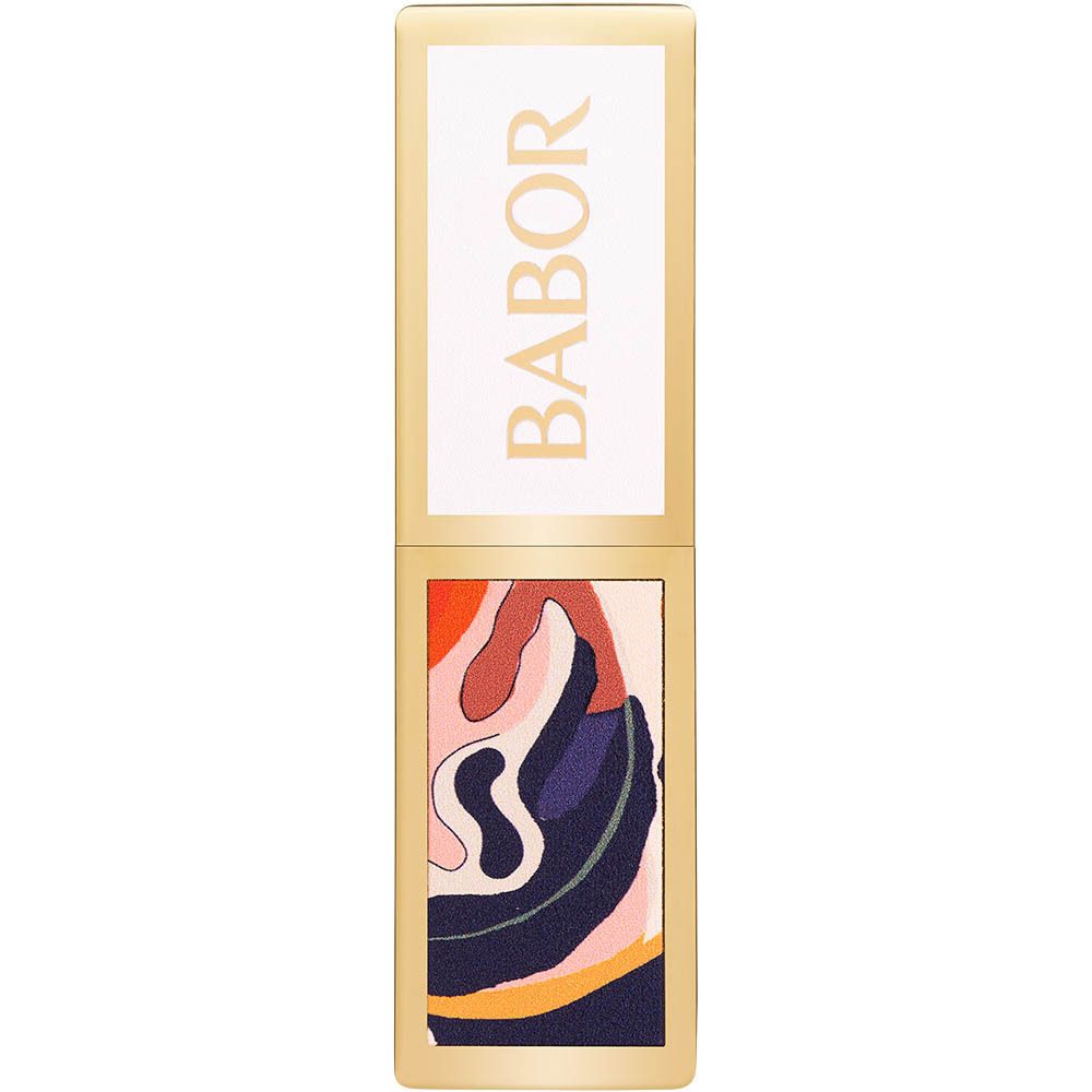 Gesloten lipstick huls met gouden details en kleurrijk bladmotief. BABOR-logo.