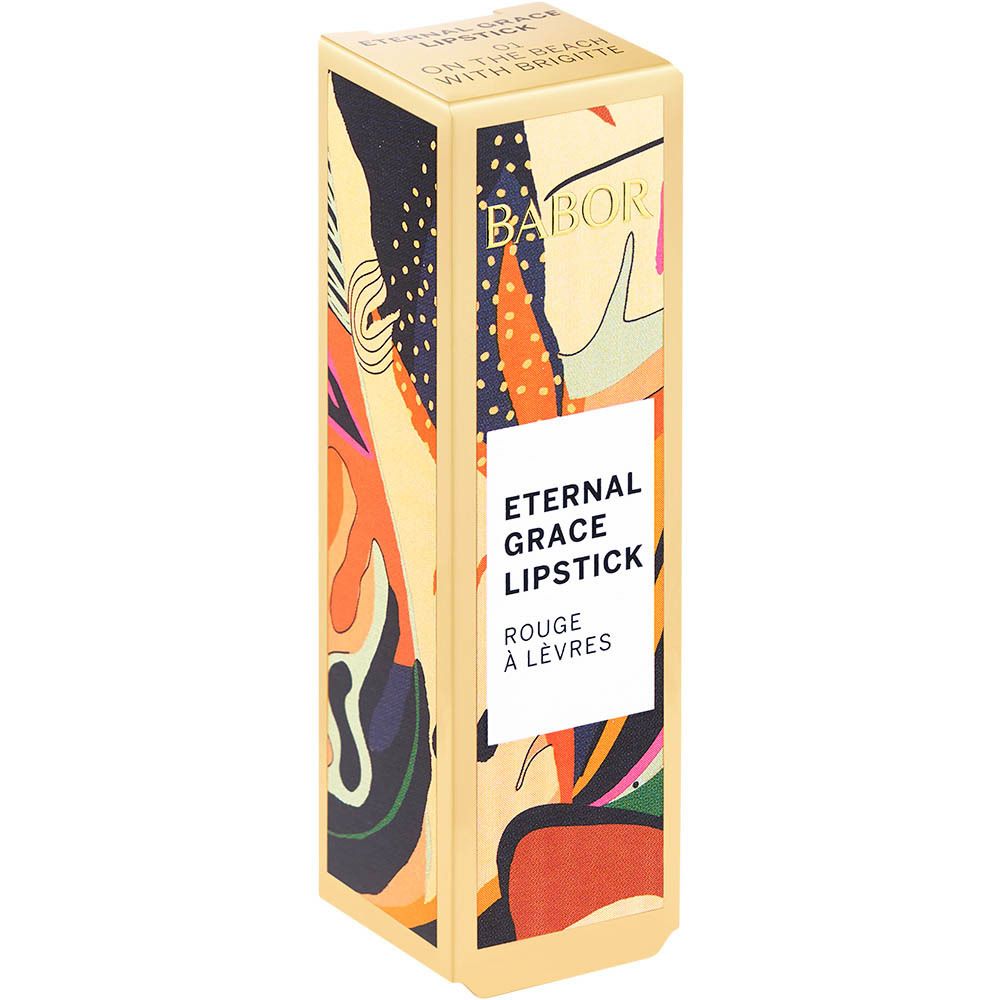 Gouden verpakking met lipstick en kleurrijk bladmotief. Tekst: Eternal Grace Lipstick, BABOR.