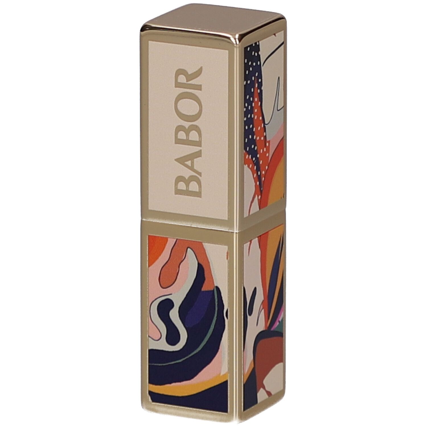 Lipstick huls met gouden details en kleurrijk patroon. Het woord BABOR is duidelijk zichtbaar.