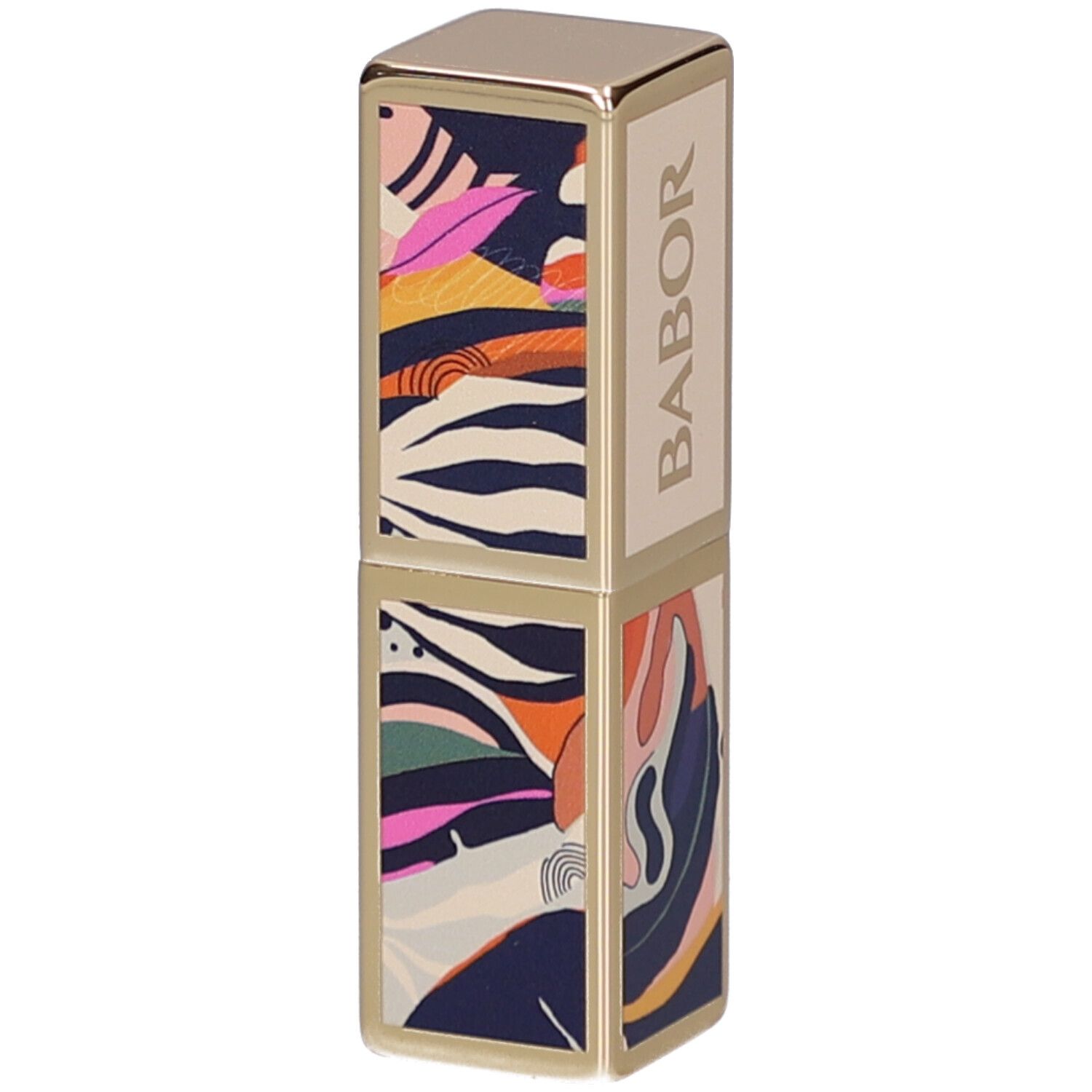 Lipstick huls met gouden details en kleurrijk patroon. Het woord BABOR is duidelijk zichtbaar.