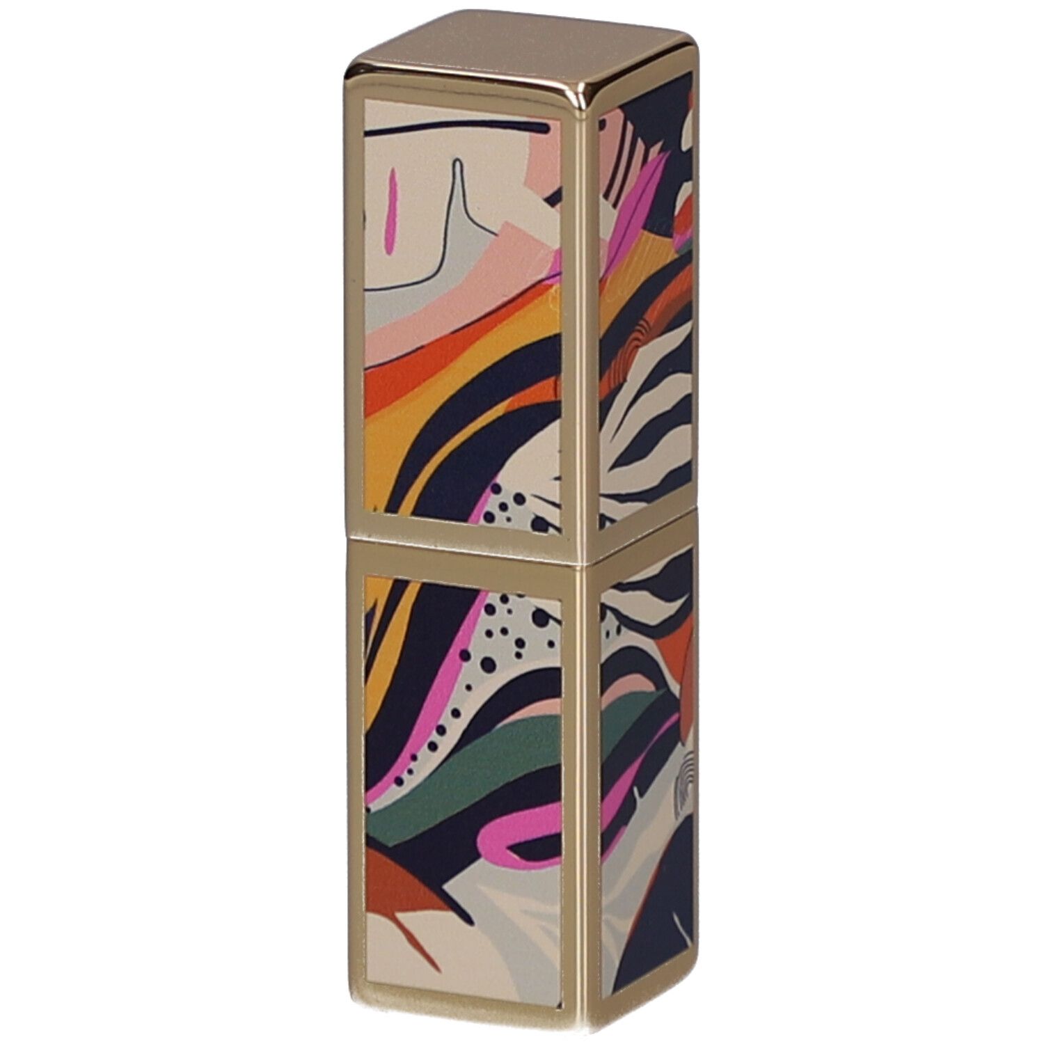 Lipstick huls met gouden details en kleurrijk patroon. Het woord BABOR is duidelijk zichtbaar.