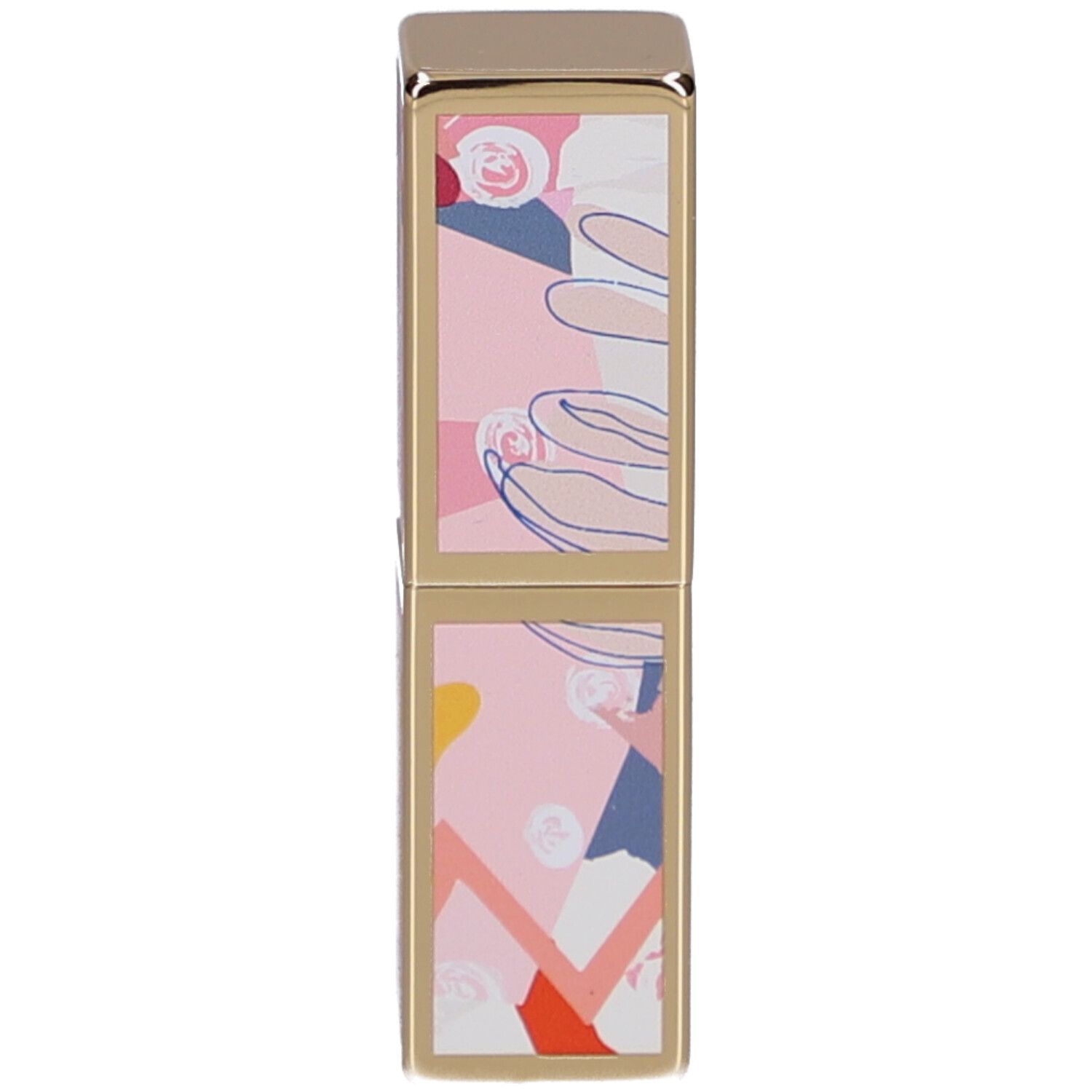 Étui de rouge à lèvres doré avec motif floral rose, bleu et blanc. Forme rectangulaire en deux sections.