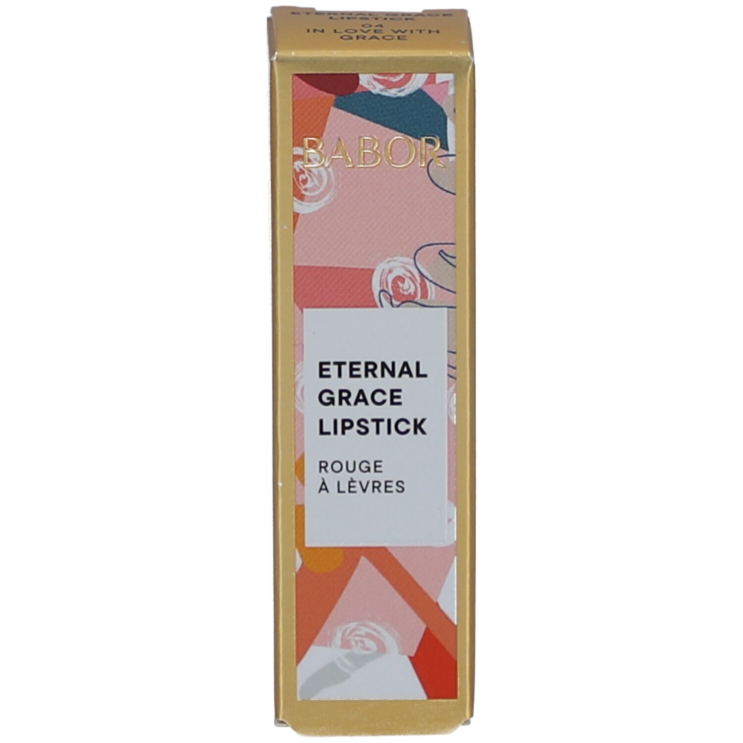 Emballage de rouge à lèvres. Emballage doré avec texte, motif floral et logo Babor.