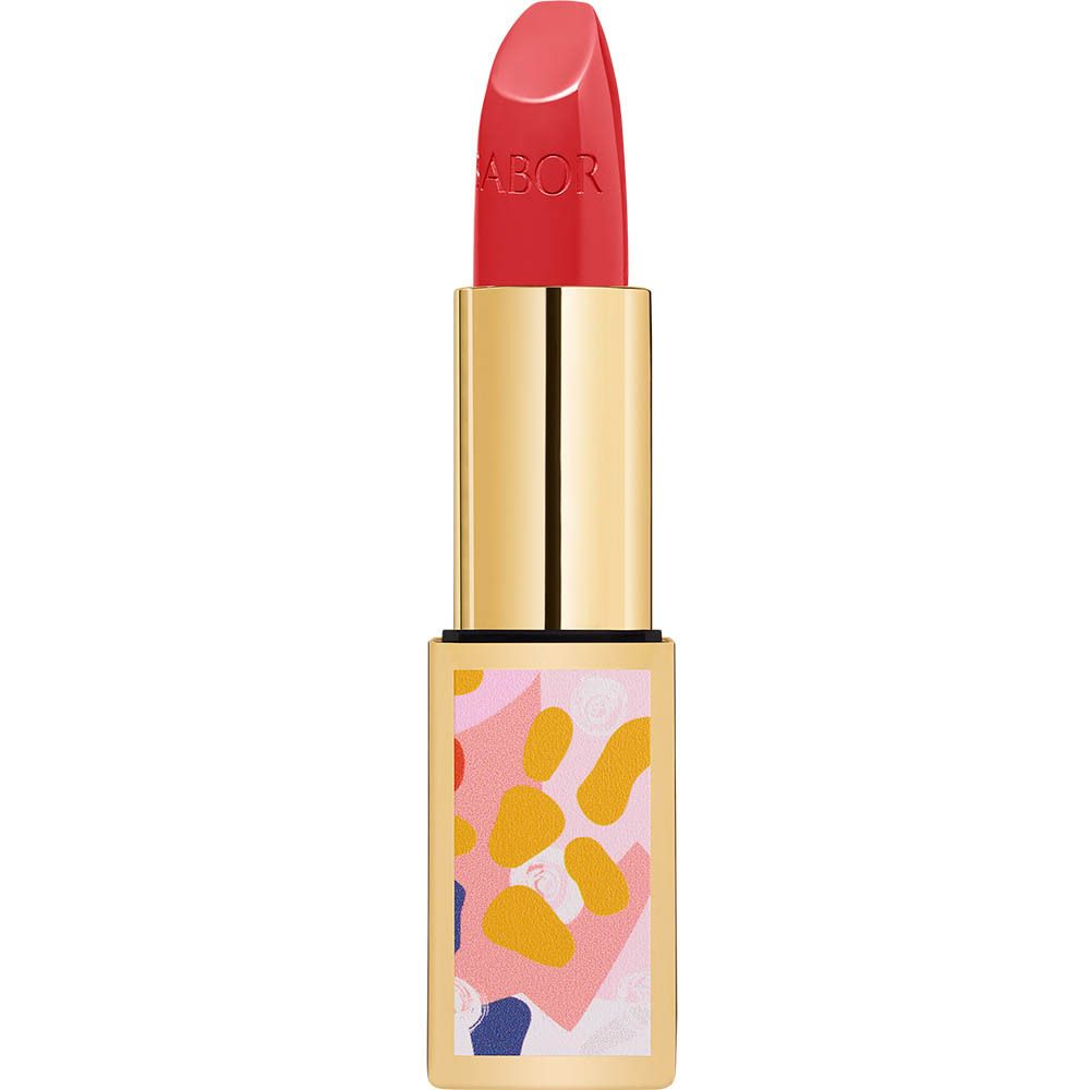 Open lippenstift met rode kleur. Gouden houder met BABOR-opschrift.